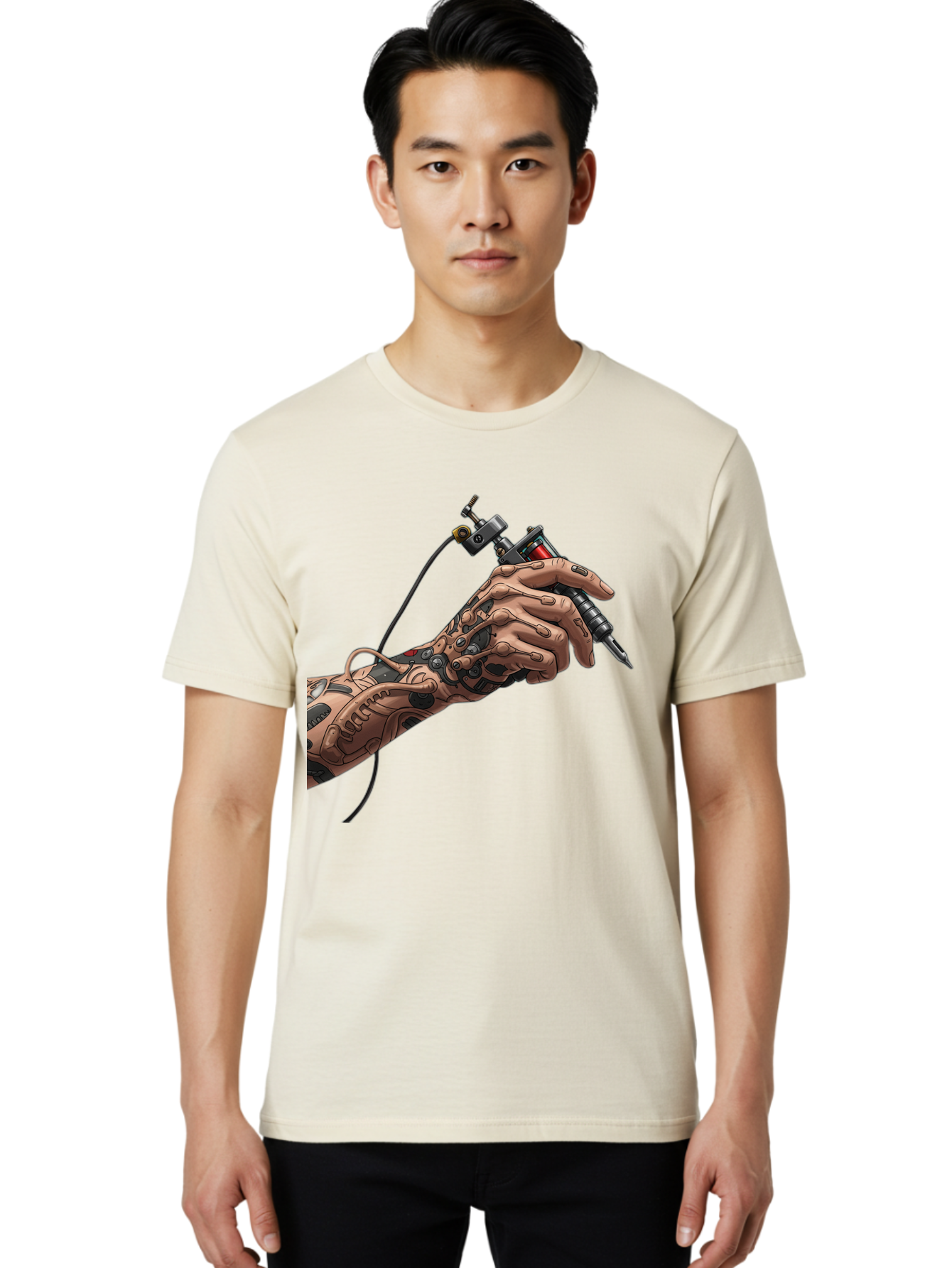 Robot-Hand-Tattoo-Machine Men'S Graphic Tee, 100% Cotton, Comfortable Casual Summer Wear, Machine Washable, Robotic Hand, Tattoo Machine, Mechanical Arm, Futuristic Art, Tattoo Artist, Robotic Precision, Mechanical Limb, Tattoo Design Bad495