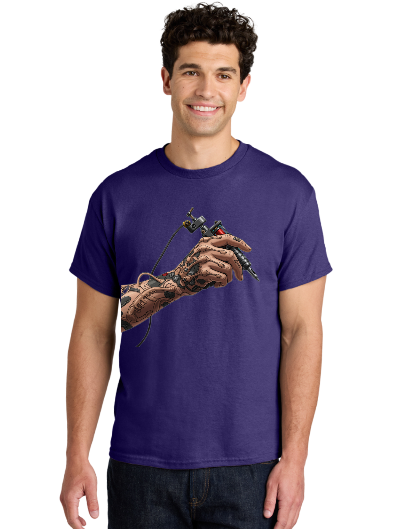Robot-Hand-Tattoo-Machine Men'S Graphic Tee, 100% Cotton, Comfortable Casual Summer Wear, Machine Washable, Robotic Hand, Tattoo Machine, Mechanical Arm, Futuristic Art, Tattoo Artist, Robotic Precision, Mechanical Limb, Tattoo Design Bad495