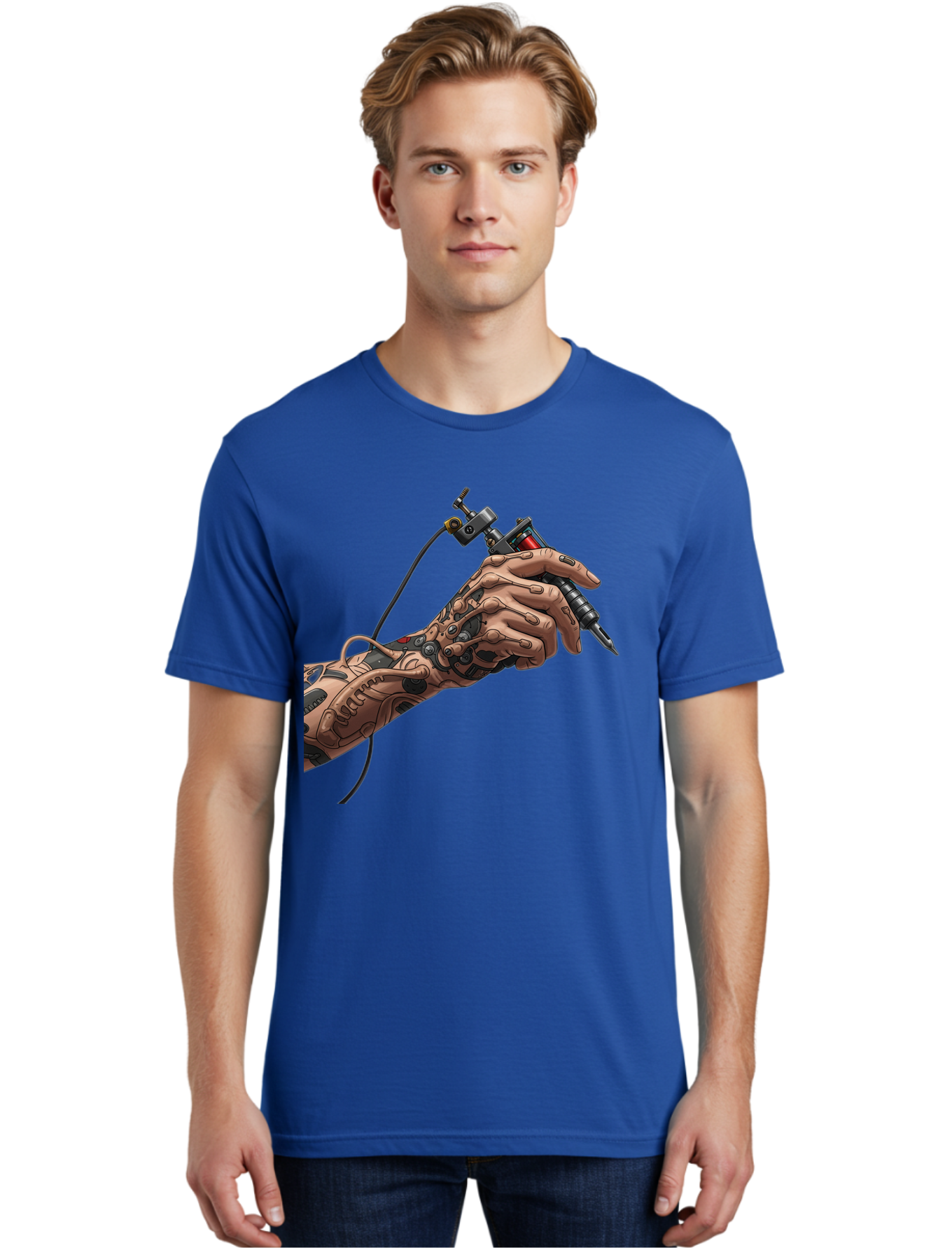 Robot-Hand-Tattoo-Machine Men'S Graphic Tee, 100% Cotton, Comfortable Casual Summer Wear, Machine Washable, Robotic Hand, Tattoo Machine, Mechanical Arm, Futuristic Art, Tattoo Artist, Robotic Precision, Mechanical Limb, Tattoo Design Bad495
