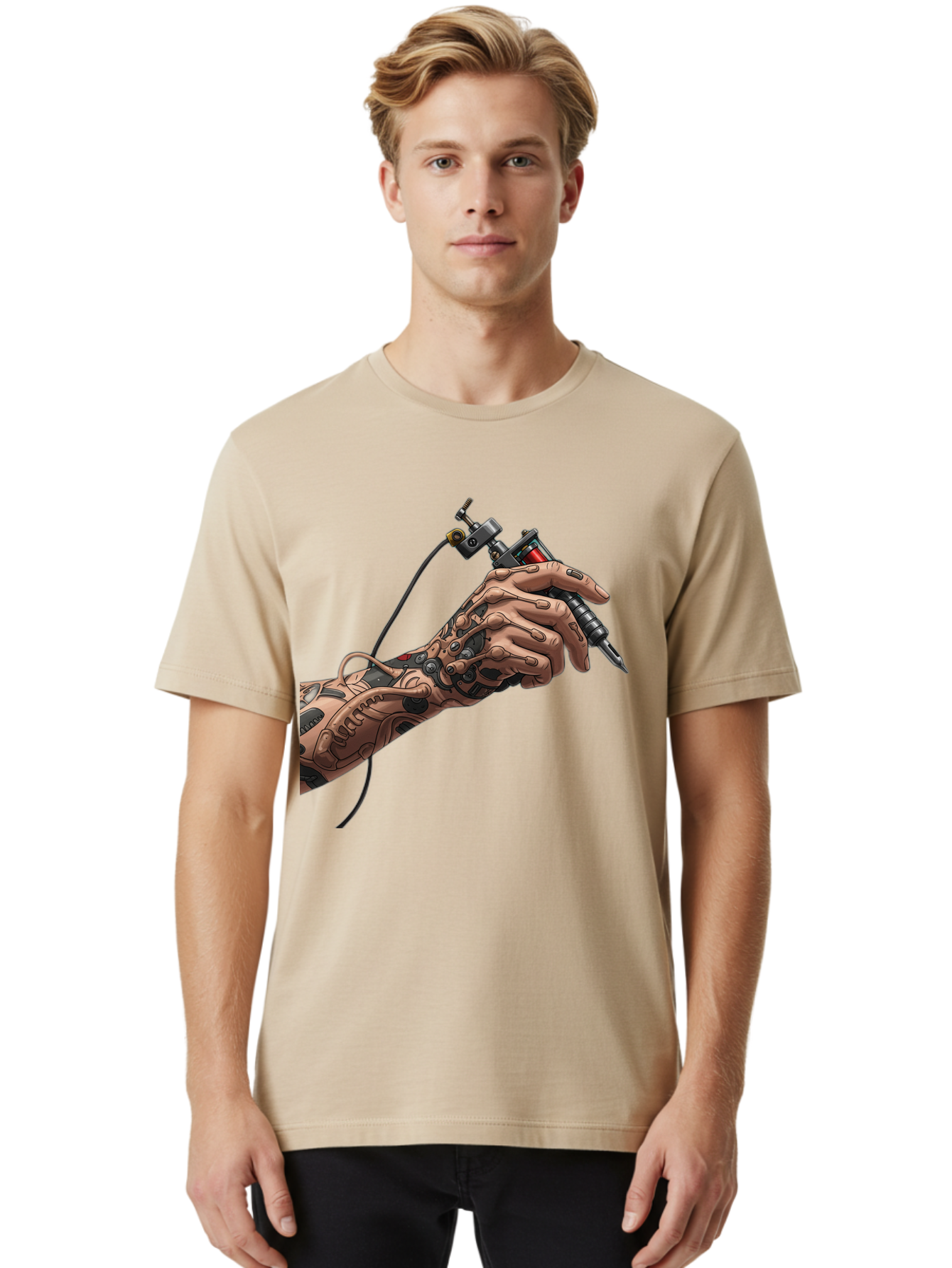 Robot-Hand-Tattoo-Machine Men'S Graphic Tee, 100% Cotton, Comfortable Casual Summer Wear, Machine Washable, Robotic Hand, Tattoo Machine, Mechanical Arm, Futuristic Art, Tattoo Artist, Robotic Precision, Mechanical Limb, Tattoo Design Bad495