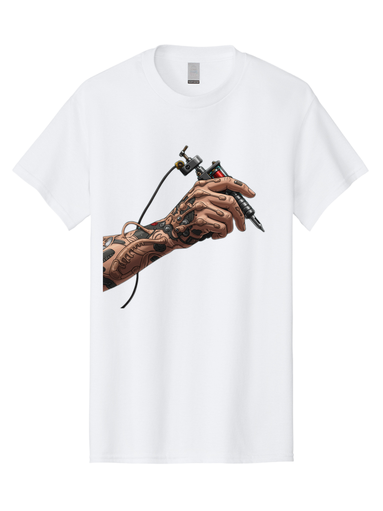 Robot-Hand-Tattoo-Machine Men'S Graphic Tee, 100% Cotton, Comfortable Casual Summer Wear, Machine Washable, Robotic Hand, Tattoo Machine, Mechanical Arm, Futuristic Art, Tattoo Artist, Robotic Precision, Mechanical Limb, Tattoo Design Bad495