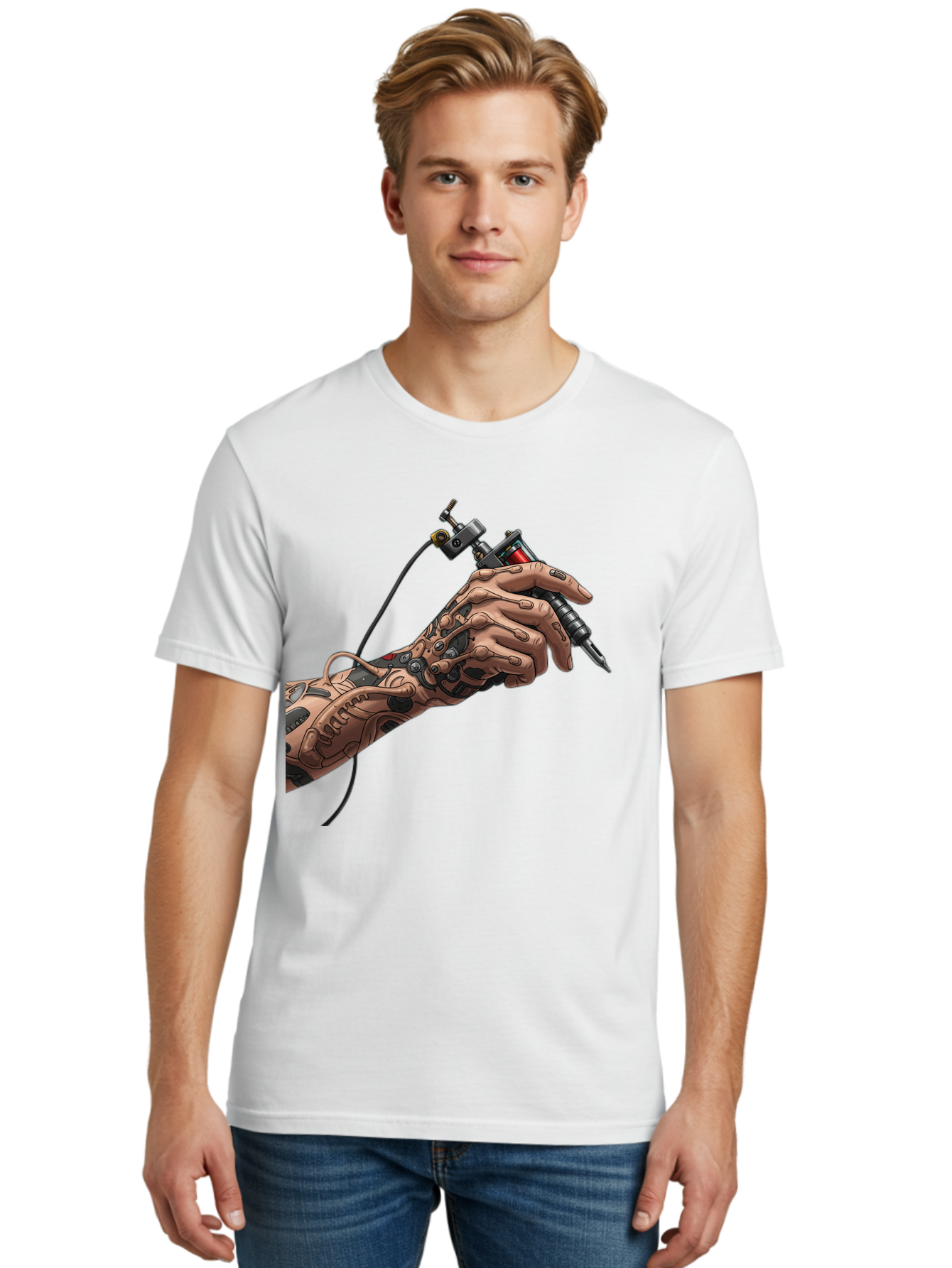 Robot-Hand-Tattoo-Machine Men'S Graphic Tee, 100% Cotton, Comfortable Casual Summer Wear, Machine Washable, Robotic Hand, Tattoo Machine, Mechanical Arm, Futuristic Art, Tattoo Artist, Robotic Precision, Mechanical Limb, Tattoo Design Bad495