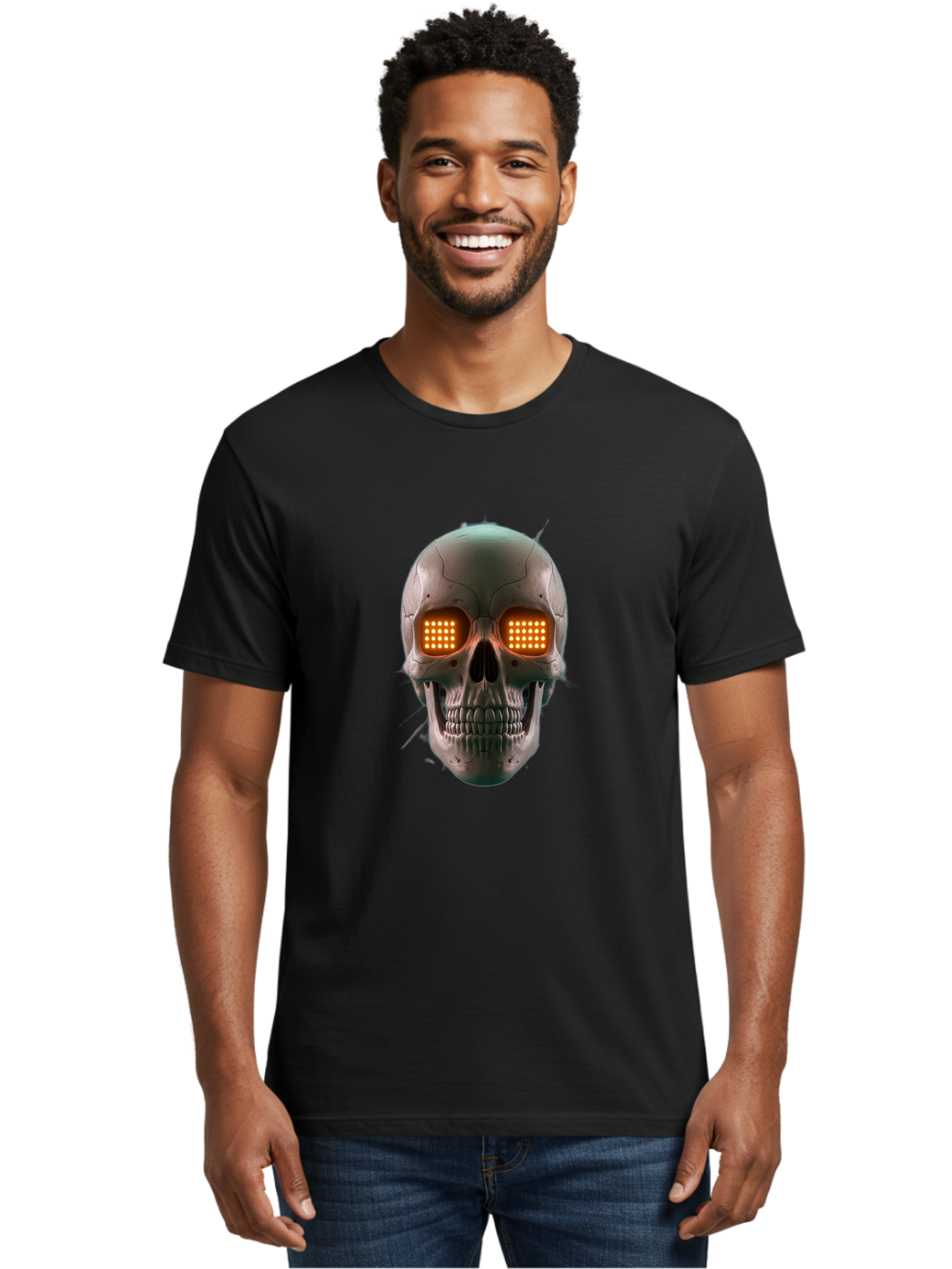 Robot-Skull Men'S Graphic Tee, 100% Cotton, Comfortable Casual Summer Wear, Machine Washable, Cyborg Skull, Robotic Eyes, Futuristic Technology, Sci-Fi Art, Glowing Orange Eyes, Skull Design, Dark Futuristic, Cybernetic Enhancements, Bad496
