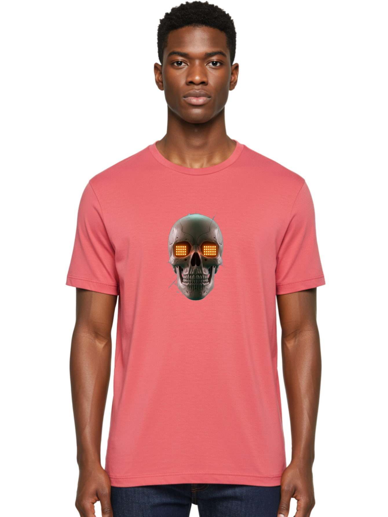 Robot-Skull Men'S Graphic Tee, 100% Cotton, Comfortable Casual Summer Wear, Machine Washable, Cyborg Skull, Robotic Eyes, Futuristic Technology, Sci-Fi Art, Glowing Orange Eyes, Skull Design, Dark Futuristic, Cybernetic Enhancements, Bad496