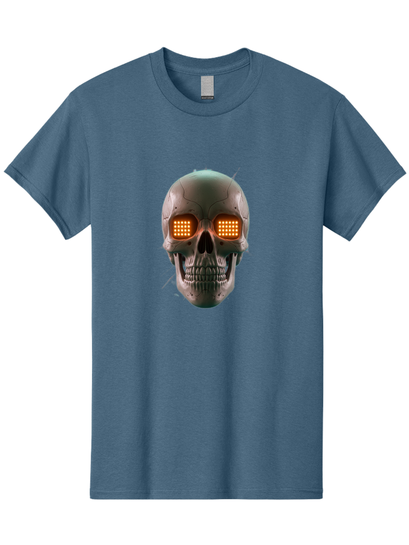 Robot-Skull Men'S Graphic Tee, 100% Cotton, Comfortable Casual Summer Wear, Machine Washable, Cyborg Skull, Robotic Eyes, Futuristic Technology, Sci-Fi Art, Glowing Orange Eyes, Skull Design, Dark Futuristic, Cybernetic Enhancements, Bad496
