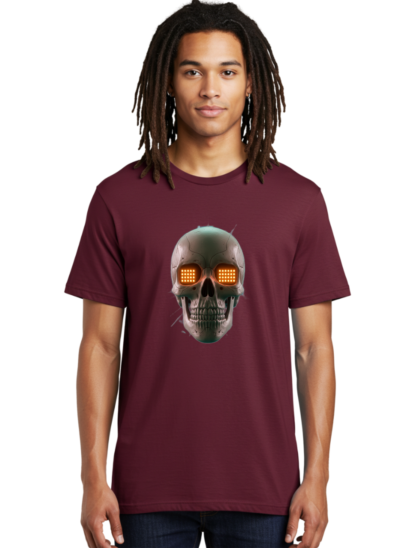 Robot-Skull Men'S Graphic Tee, 100% Cotton, Comfortable Casual Summer Wear, Machine Washable, Cyborg Skull, Robotic Eyes, Futuristic Technology, Sci-Fi Art, Glowing Orange Eyes, Skull Design, Dark Futuristic, Cybernetic Enhancements, Bad496
