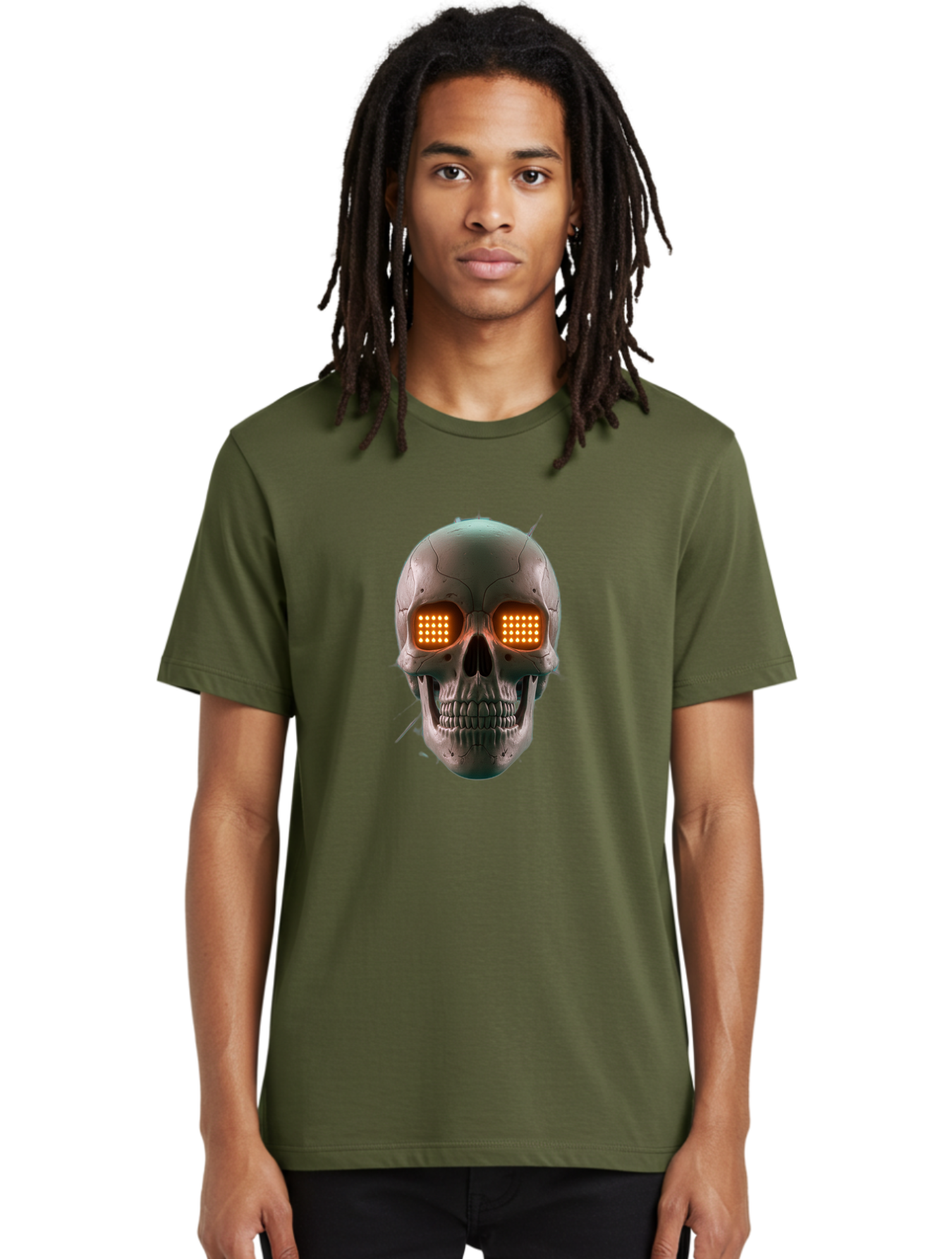 Robot-Skull Men'S Graphic Tee, 100% Cotton, Comfortable Casual Summer Wear, Machine Washable, Cyborg Skull, Robotic Eyes, Futuristic Technology, Sci-Fi Art, Glowing Orange Eyes, Skull Design, Dark Futuristic, Cybernetic Enhancements, Bad496