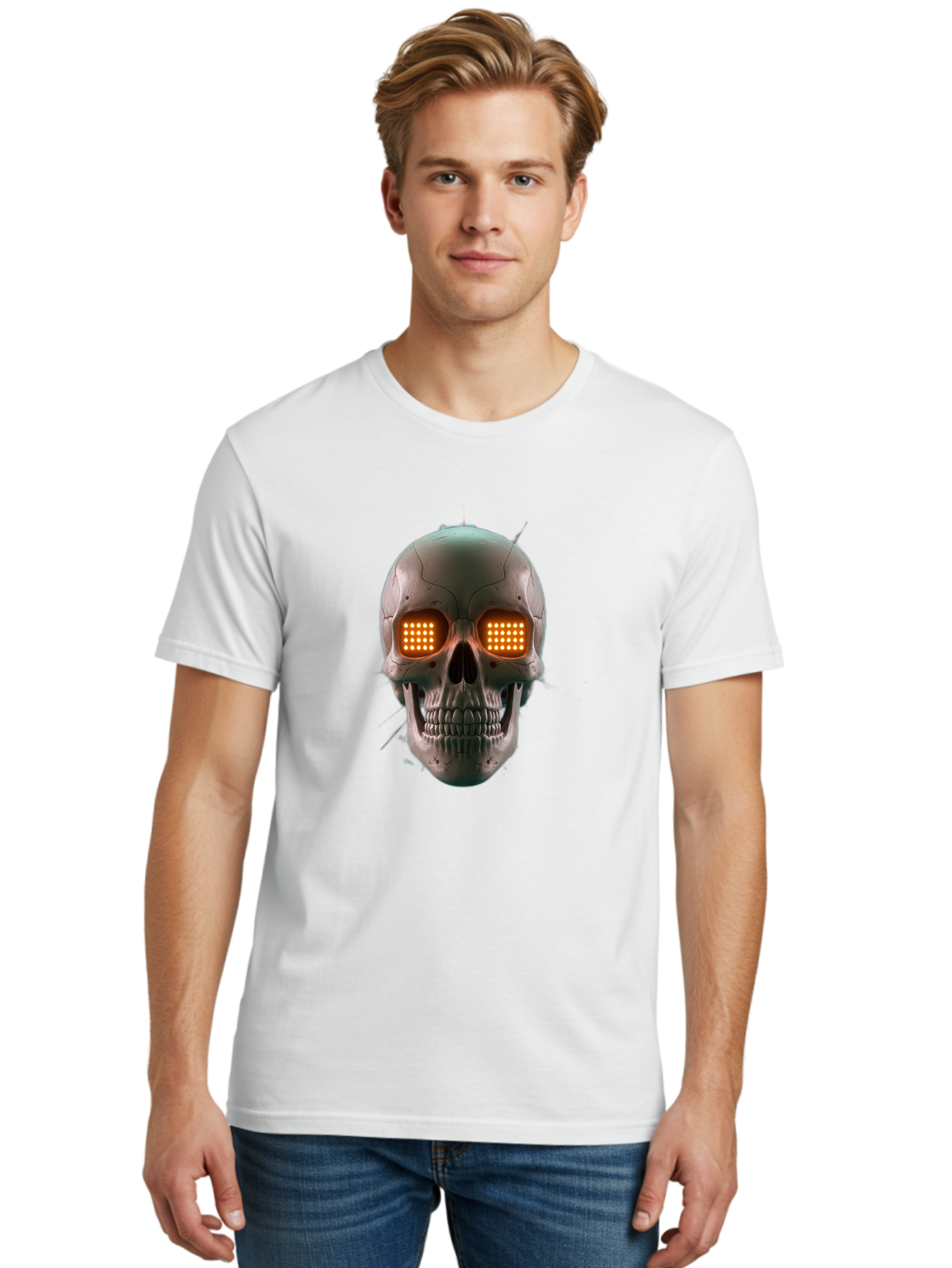 Robot-Skull Men'S Graphic Tee, 100% Cotton, Comfortable Casual Summer Wear, Machine Washable, Cyborg Skull, Robotic Eyes, Futuristic Technology, Sci-Fi Art, Glowing Orange Eyes, Skull Design, Dark Futuristic, Cybernetic Enhancements, Bad496