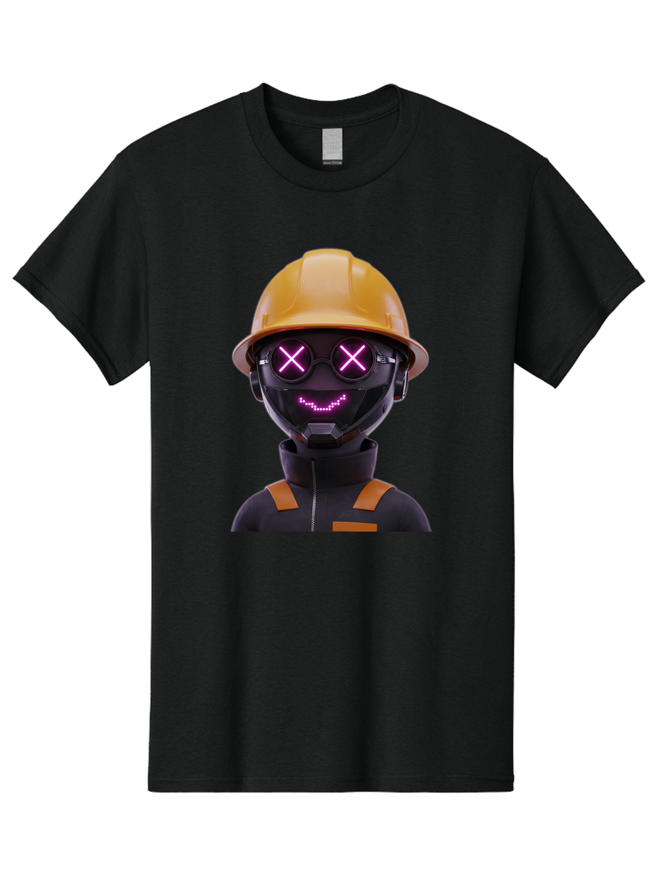 Robot-With-Construction-Hat Men'S Graphic Tee, 100% Cotton, Comfortable Casual Summer Wear, Machine Washable, Robot Character, Futuristic Design, Yellow Hard Hat, Neon Purple Eyes With X, Smiling Face, Black And Orange Jumpsuit, Bad498