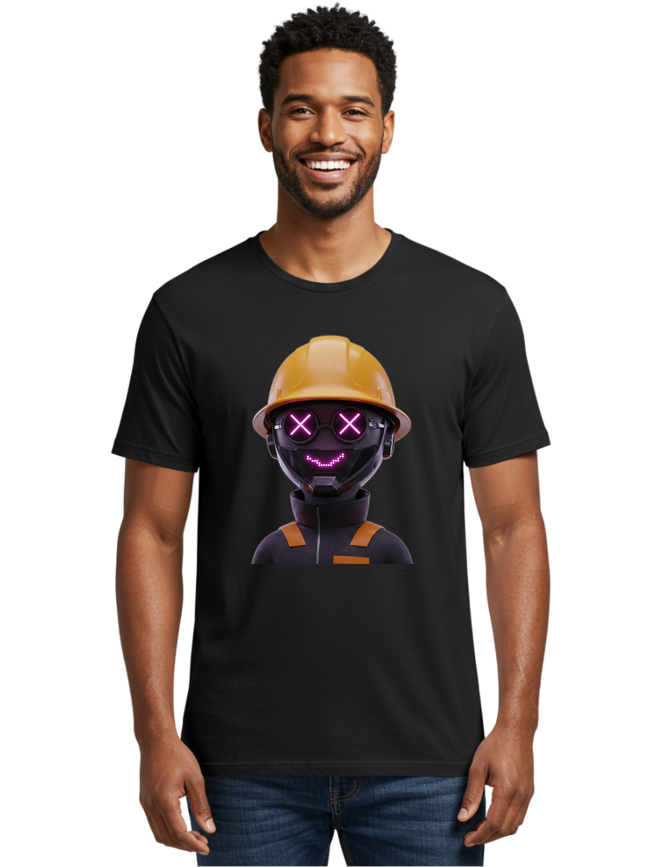Robot-With-Construction-Hat Men'S Graphic Tee, 100% Cotton, Comfortable Casual Summer Wear, Machine Washable, Robot Character, Futuristic Design, Yellow Hard Hat, Neon Purple Eyes With X, Smiling Face, Black And Orange Jumpsuit, Bad498