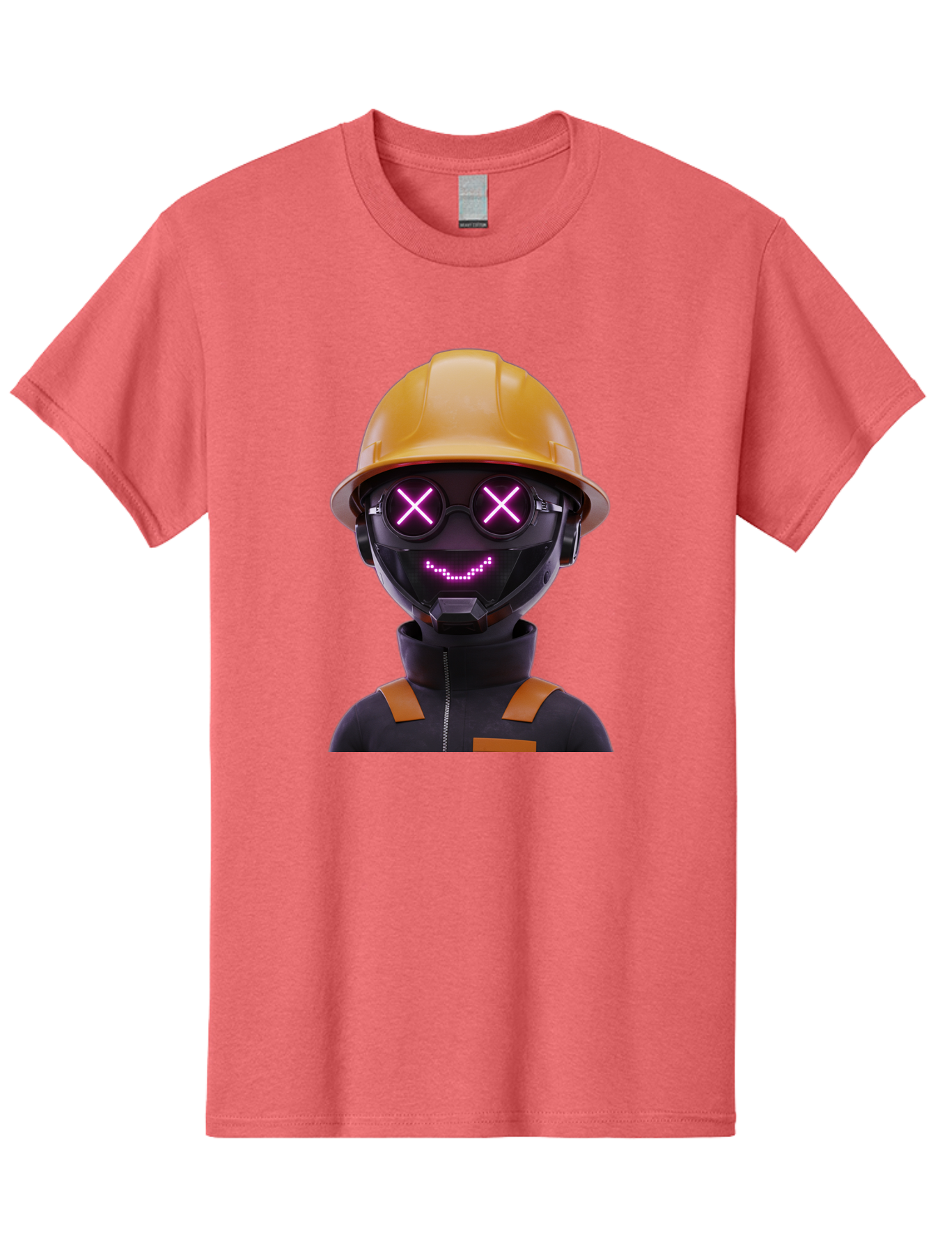 Robot-With-Construction-Hat Men'S Graphic Tee, 100% Cotton, Comfortable Casual Summer Wear, Machine Washable, Robot Character, Futuristic Design, Yellow Hard Hat, Neon Purple Eyes With X, Smiling Face, Black And Orange Jumpsuit, Bad498