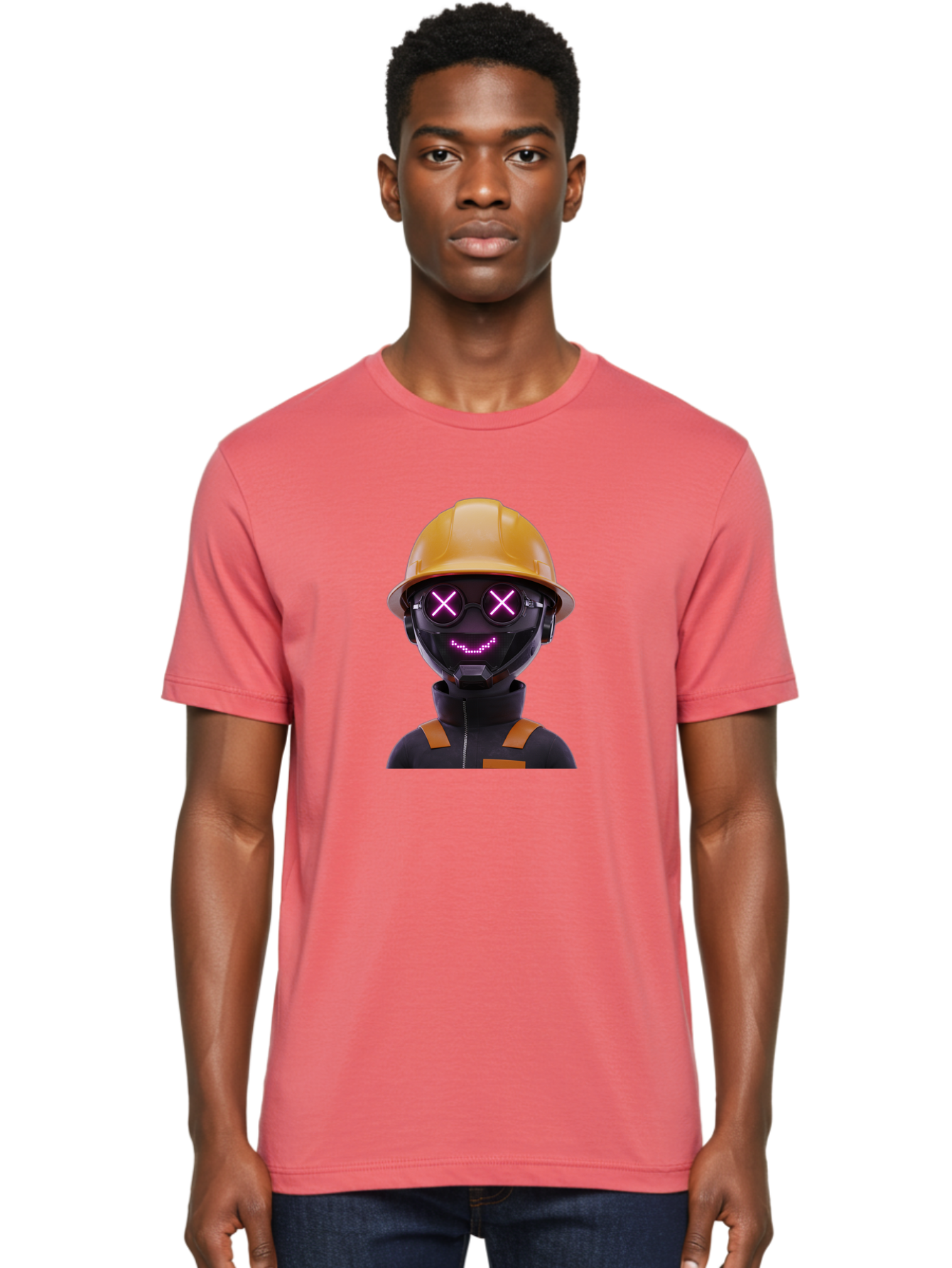 Robot-With-Construction-Hat Men'S Graphic Tee, 100% Cotton, Comfortable Casual Summer Wear, Machine Washable, Robot Character, Futuristic Design, Yellow Hard Hat, Neon Purple Eyes With X, Smiling Face, Black And Orange Jumpsuit, Bad498