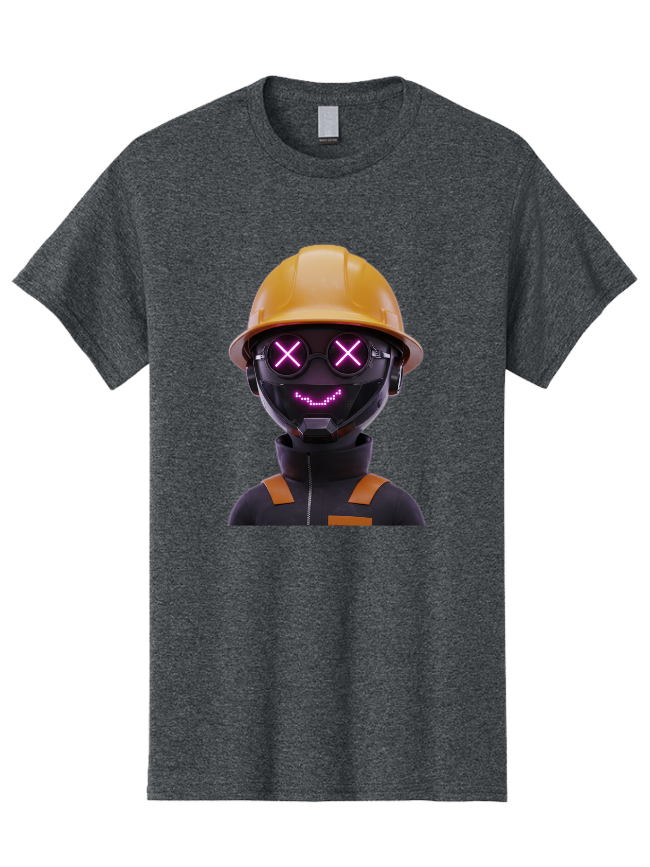 Robot-With-Construction-Hat Men'S Graphic Tee, 100% Cotton, Comfortable Casual Summer Wear, Machine Washable, Robot Character, Futuristic Design, Yellow Hard Hat, Neon Purple Eyes With X, Smiling Face, Black And Orange Jumpsuit, Bad498