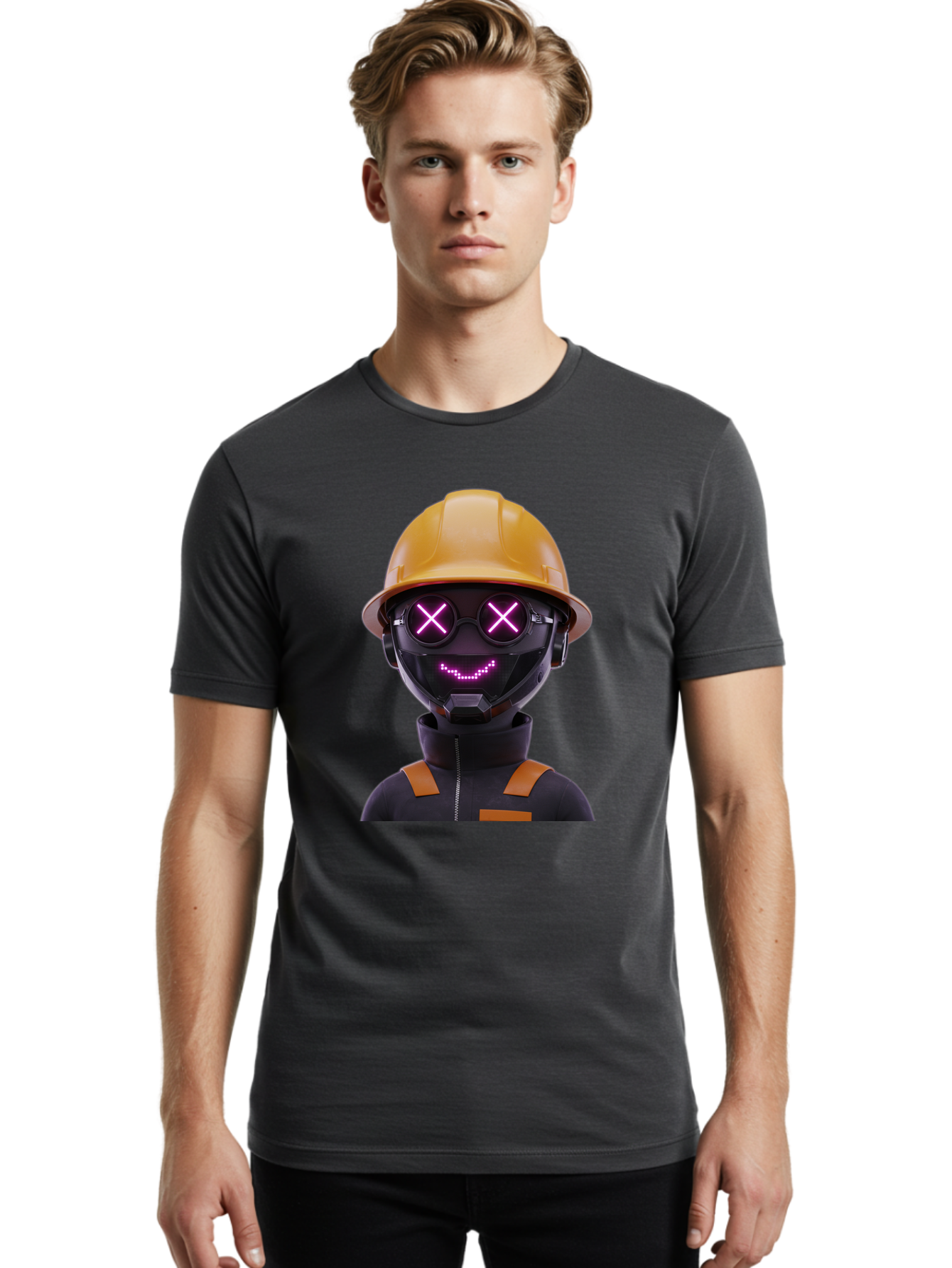 Robot-With-Construction-Hat Men'S Graphic Tee, 100% Cotton, Comfortable Casual Summer Wear, Machine Washable, Robot Character, Futuristic Design, Yellow Hard Hat, Neon Purple Eyes With X, Smiling Face, Black And Orange Jumpsuit, Bad498