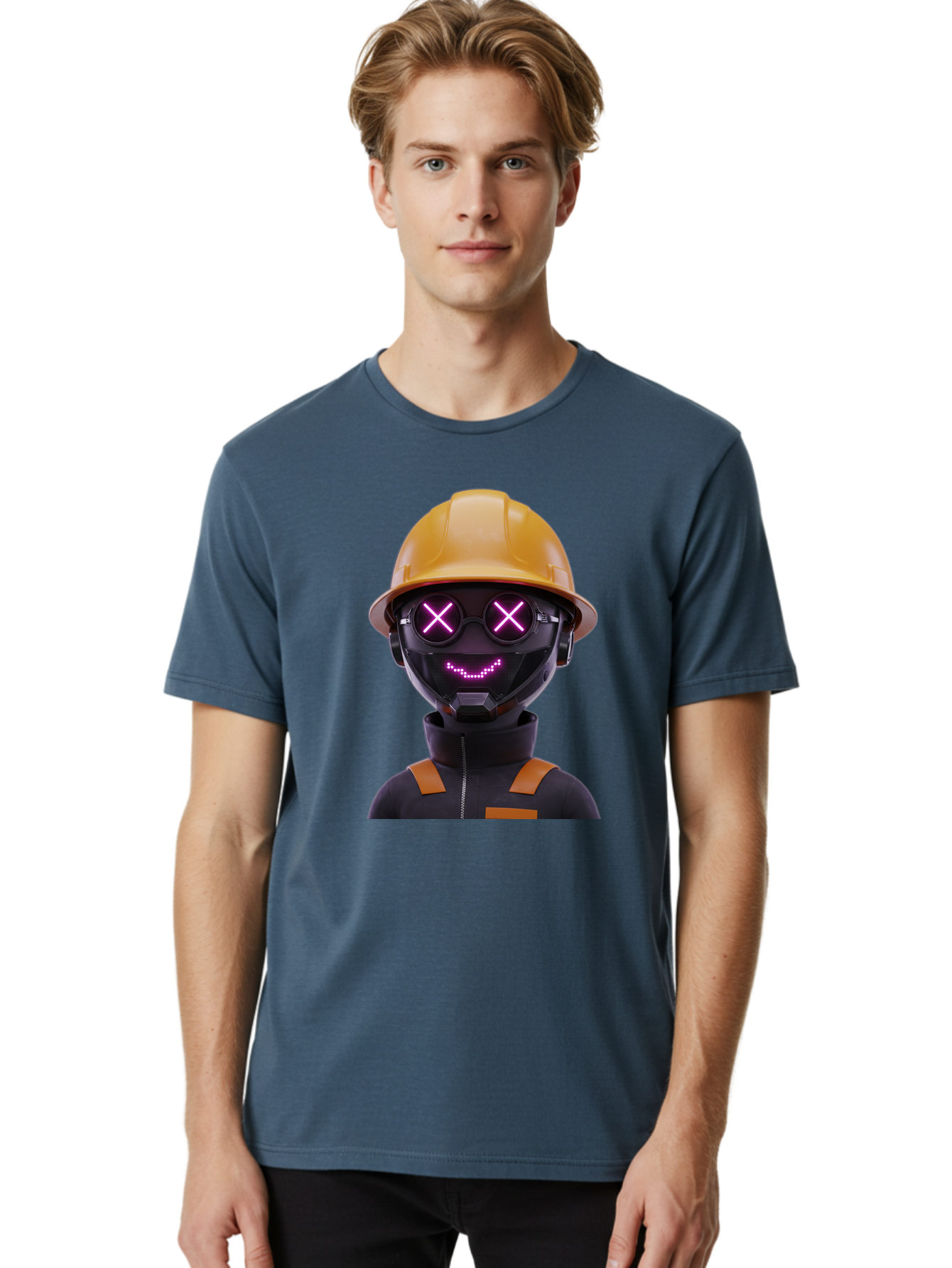 Robot-With-Construction-Hat Men'S Graphic Tee, 100% Cotton, Comfortable Casual Summer Wear, Machine Washable, Robot Character, Futuristic Design, Yellow Hard Hat, Neon Purple Eyes With X, Smiling Face, Black And Orange Jumpsuit, Bad498