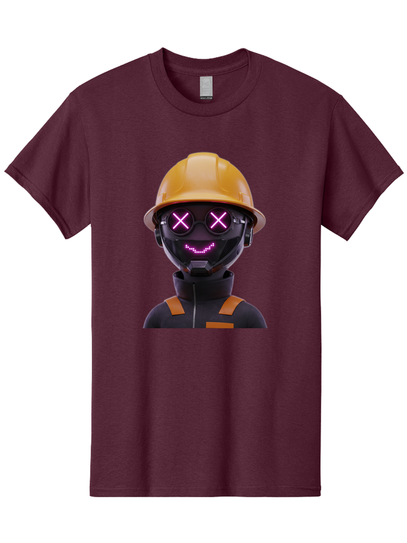Robot-With-Construction-Hat Men'S Graphic Tee, 100% Cotton, Comfortable Casual Summer Wear, Machine Washable, Robot Character, Futuristic Design, Yellow Hard Hat, Neon Purple Eyes With X, Smiling Face, Black And Orange Jumpsuit, Bad498