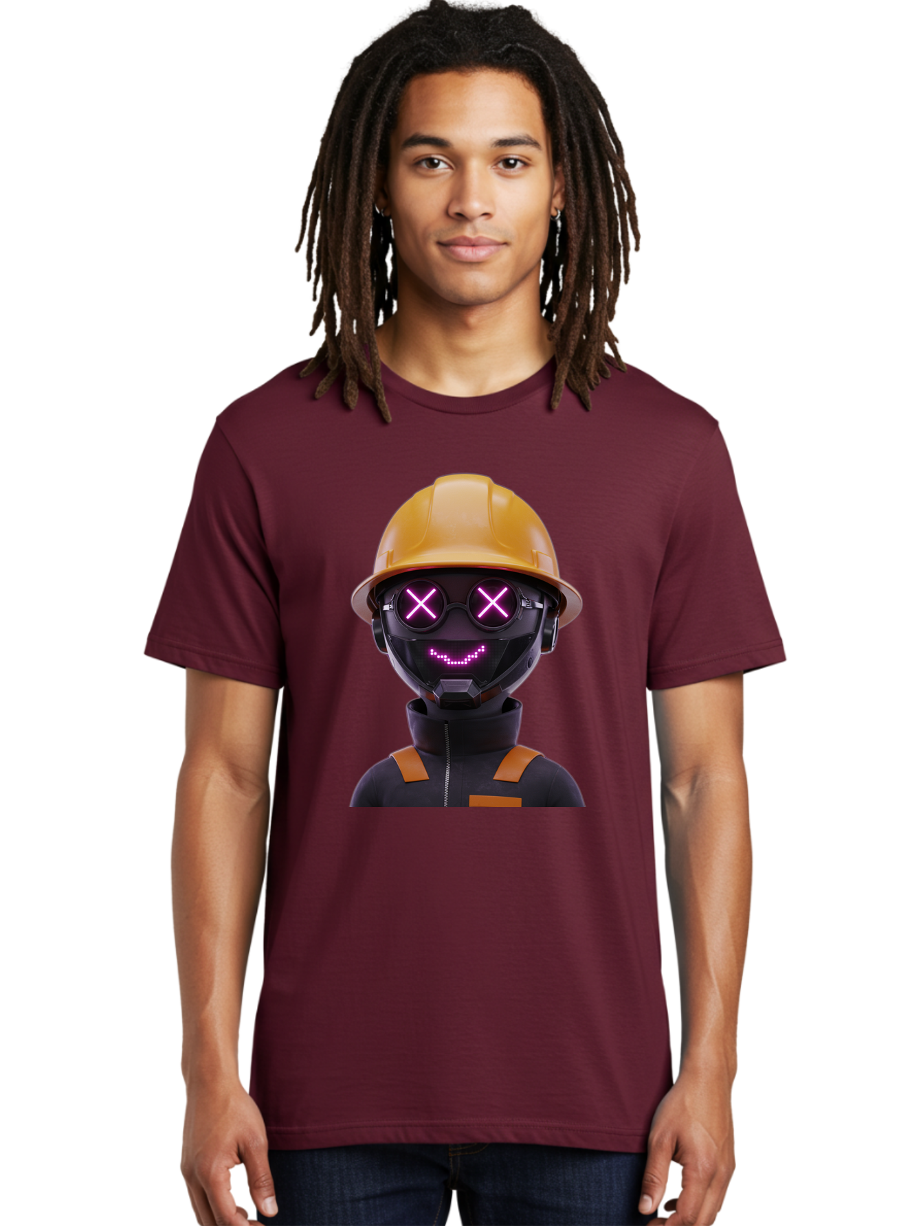 Robot-With-Construction-Hat Men'S Graphic Tee, 100% Cotton, Comfortable Casual Summer Wear, Machine Washable, Robot Character, Futuristic Design, Yellow Hard Hat, Neon Purple Eyes With X, Smiling Face, Black And Orange Jumpsuit, Bad498