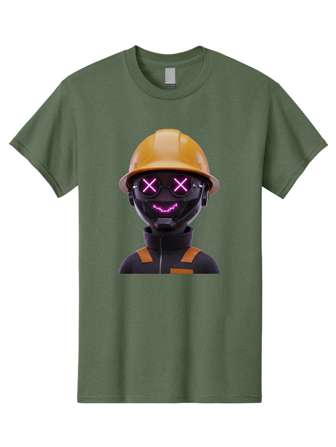 Robot-With-Construction-Hat Men'S Graphic Tee, 100% Cotton, Comfortable Casual Summer Wear, Machine Washable, Robot Character, Futuristic Design, Yellow Hard Hat, Neon Purple Eyes With X, Smiling Face, Black And Orange Jumpsuit, Bad498