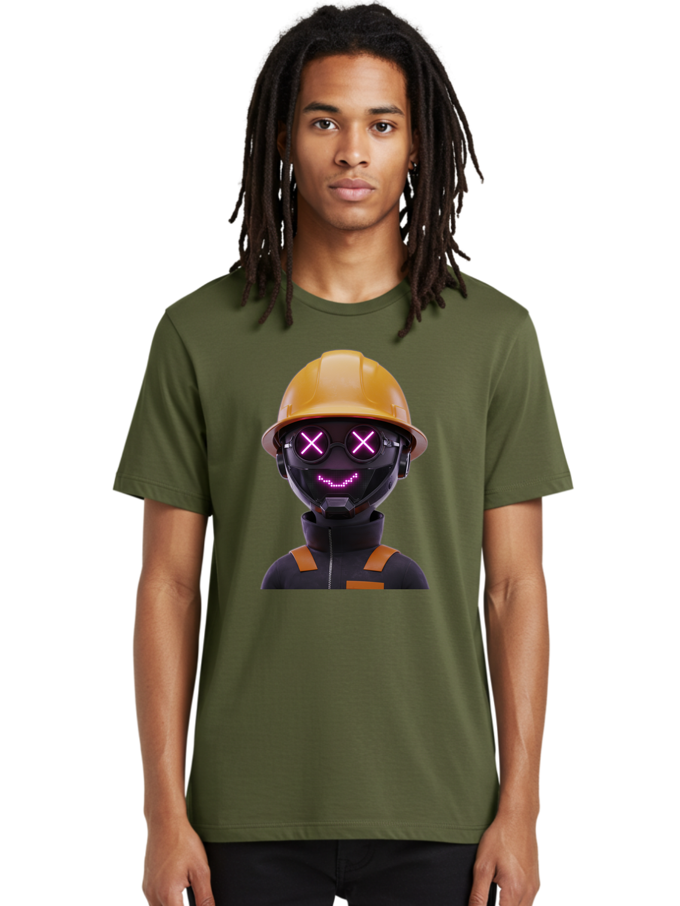 Robot-With-Construction-Hat Men'S Graphic Tee, 100% Cotton, Comfortable Casual Summer Wear, Machine Washable, Robot Character, Futuristic Design, Yellow Hard Hat, Neon Purple Eyes With X, Smiling Face, Black And Orange Jumpsuit, Bad498