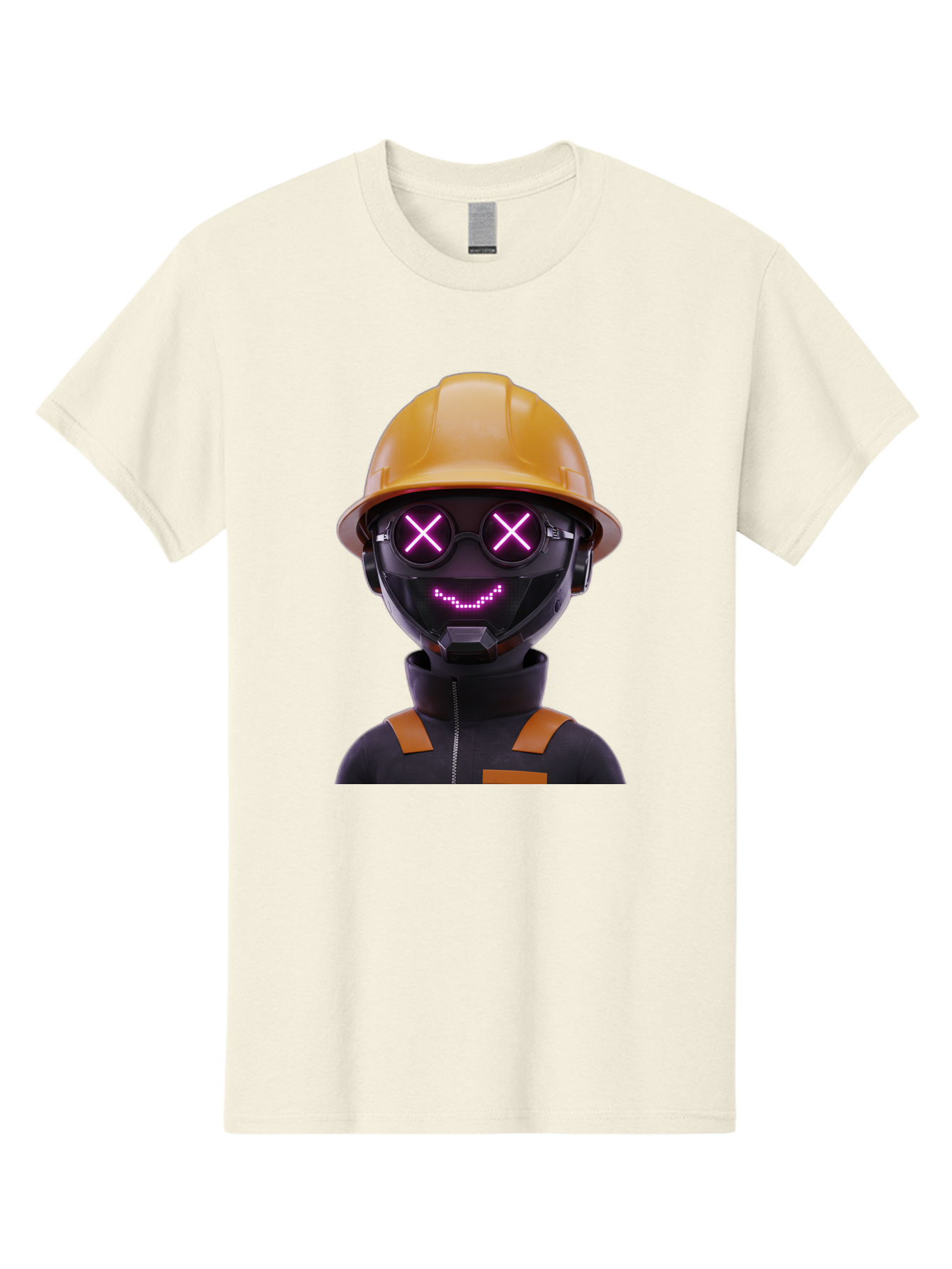 Robot-With-Construction-Hat Men'S Graphic Tee, 100% Cotton, Comfortable Casual Summer Wear, Machine Washable, Robot Character, Futuristic Design, Yellow Hard Hat, Neon Purple Eyes With X, Smiling Face, Black And Orange Jumpsuit, Bad498