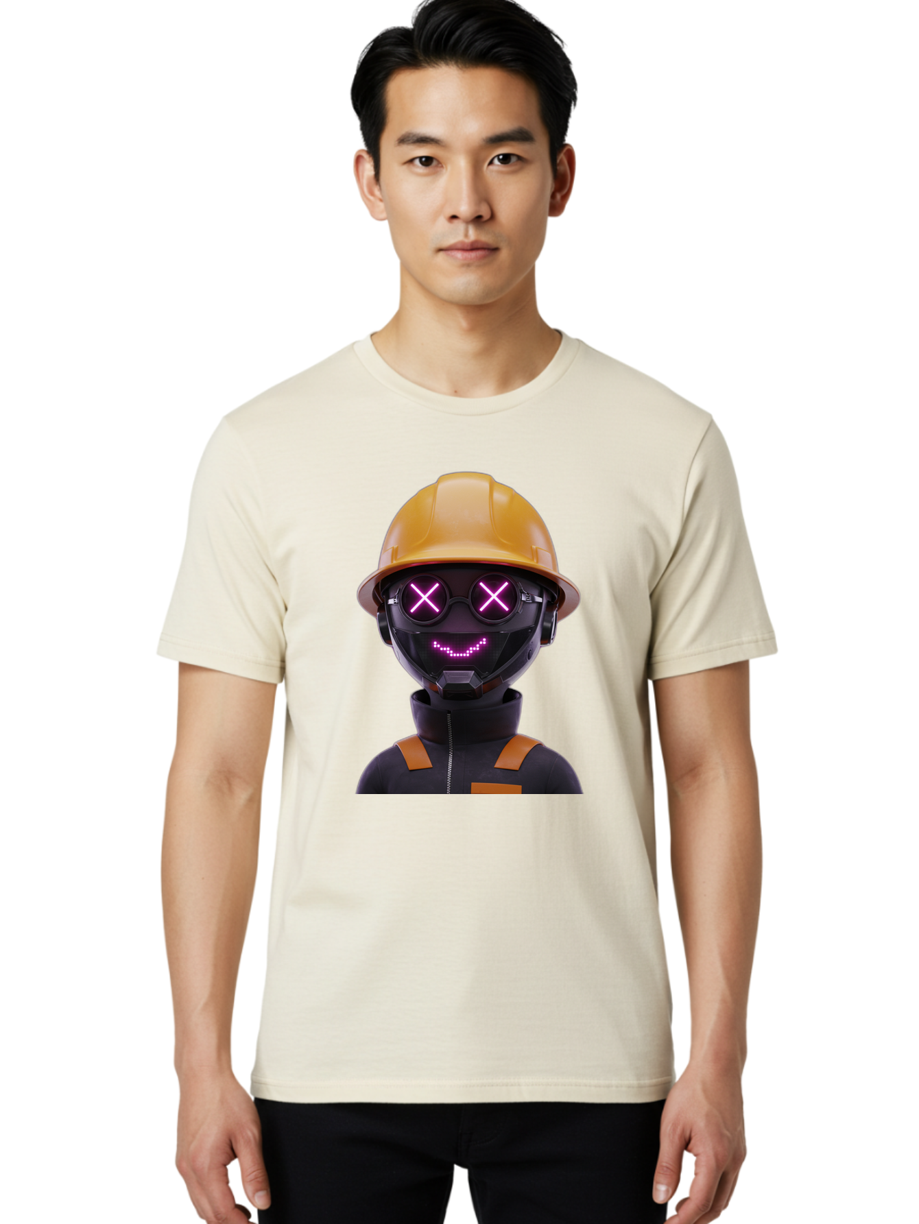 Robot-With-Construction-Hat Men'S Graphic Tee, 100% Cotton, Comfortable Casual Summer Wear, Machine Washable, Robot Character, Futuristic Design, Yellow Hard Hat, Neon Purple Eyes With X, Smiling Face, Black And Orange Jumpsuit, Bad498