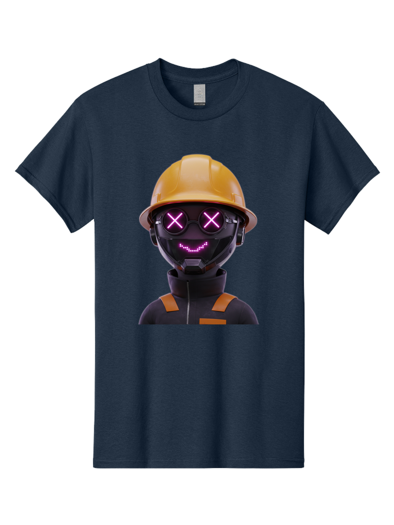 Robot-With-Construction-Hat Men'S Graphic Tee, 100% Cotton, Comfortable Casual Summer Wear, Machine Washable, Robot Character, Futuristic Design, Yellow Hard Hat, Neon Purple Eyes With X, Smiling Face, Black And Orange Jumpsuit, Bad498