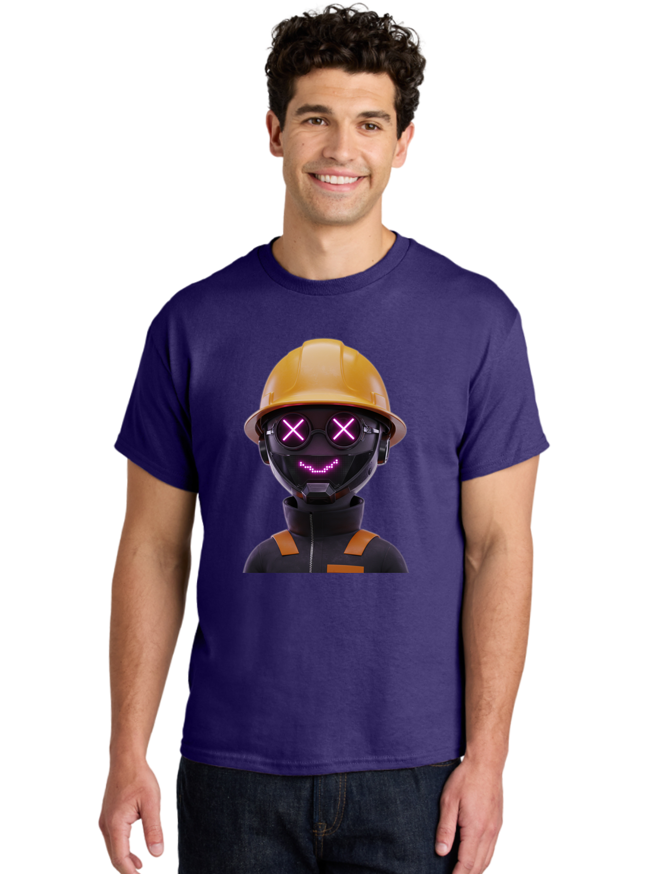 Robot-With-Construction-Hat Men'S Graphic Tee, 100% Cotton, Comfortable Casual Summer Wear, Machine Washable, Robot Character, Futuristic Design, Yellow Hard Hat, Neon Purple Eyes With X, Smiling Face, Black And Orange Jumpsuit, Bad498