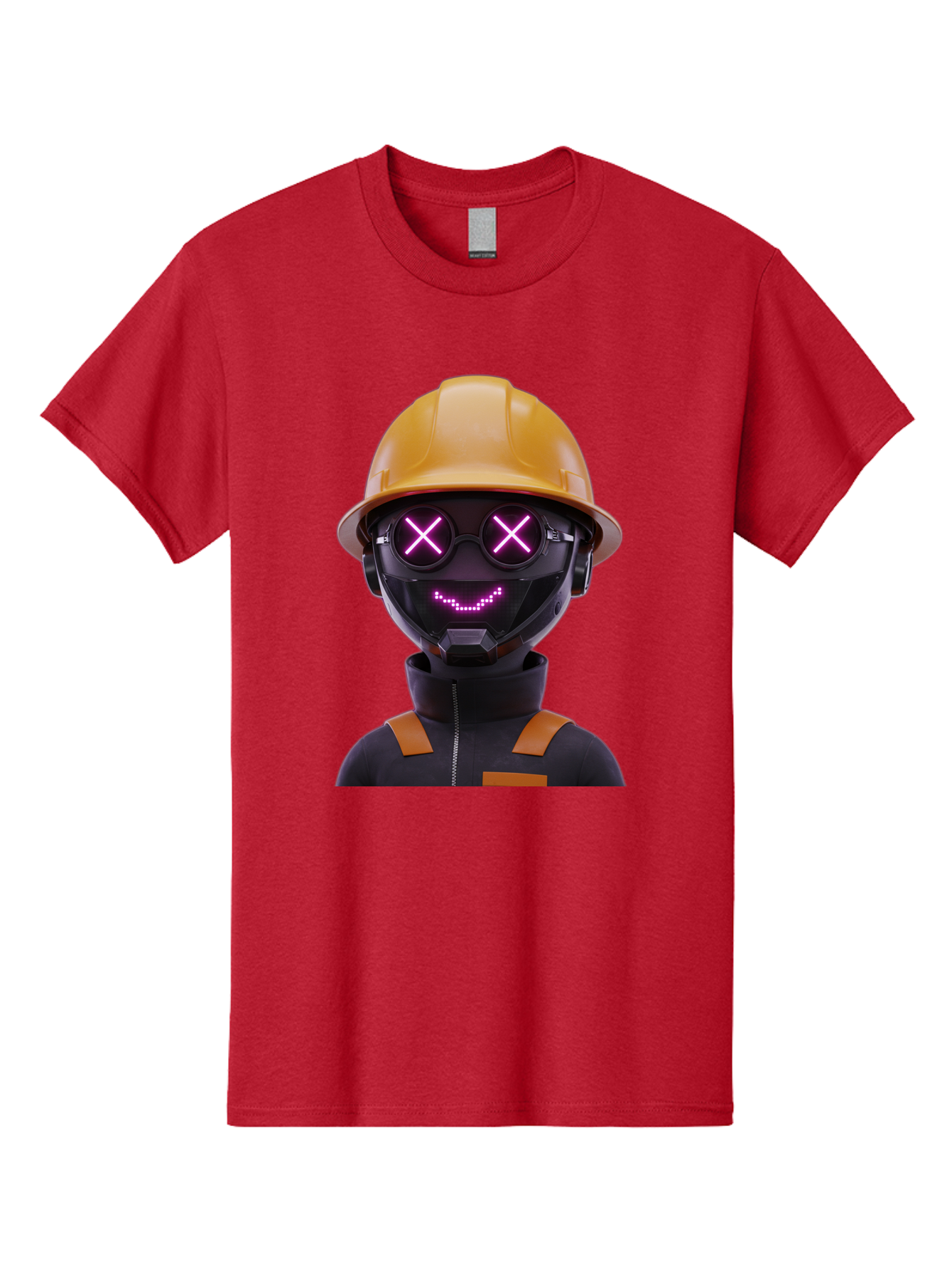 Robot-With-Construction-Hat Men'S Graphic Tee, 100% Cotton, Comfortable Casual Summer Wear, Machine Washable, Robot Character, Futuristic Design, Yellow Hard Hat, Neon Purple Eyes With X, Smiling Face, Black And Orange Jumpsuit, Bad498