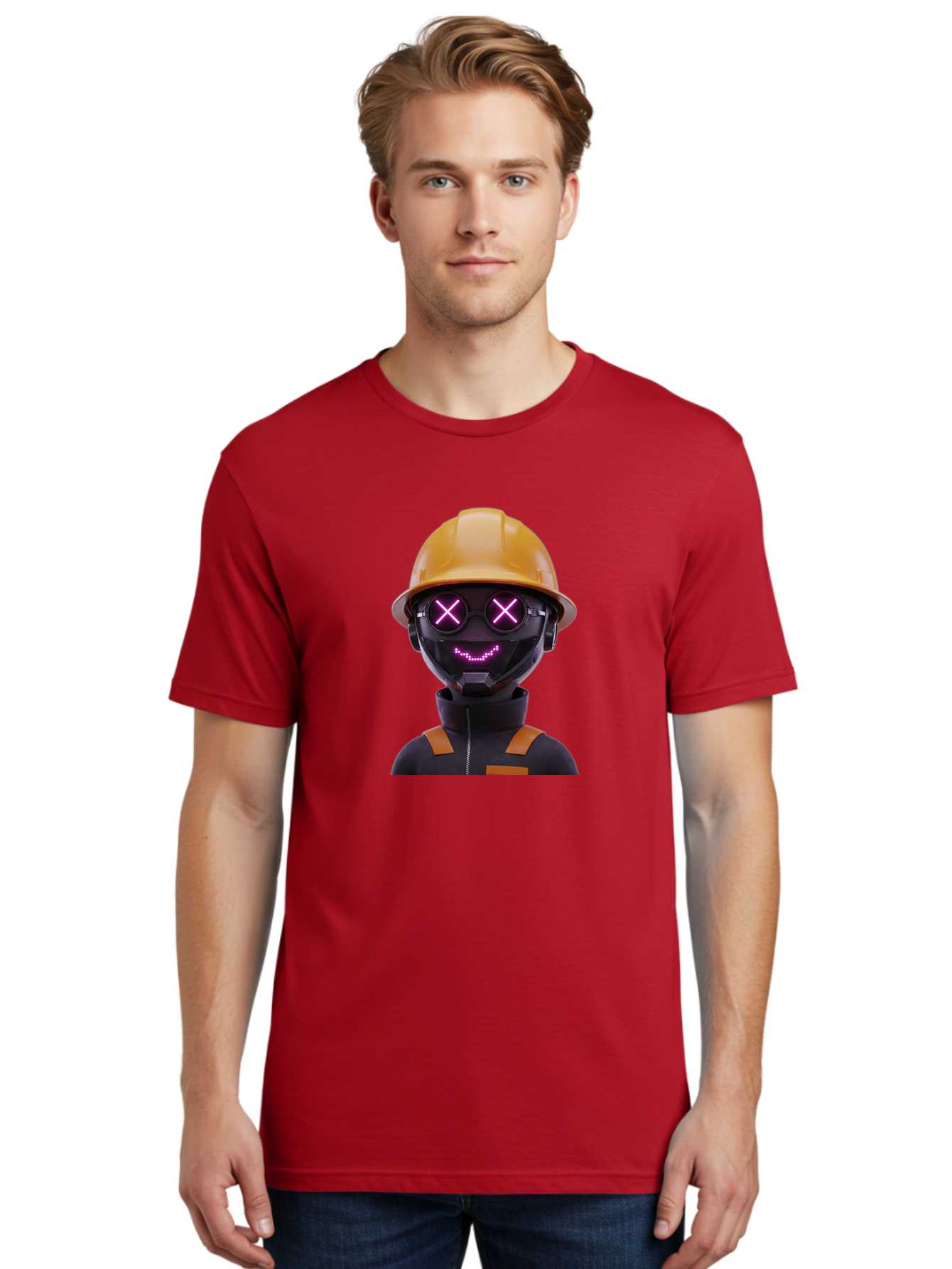 Robot-With-Construction-Hat Men'S Graphic Tee, 100% Cotton, Comfortable Casual Summer Wear, Machine Washable, Robot Character, Futuristic Design, Yellow Hard Hat, Neon Purple Eyes With X, Smiling Face, Black And Orange Jumpsuit, Bad498