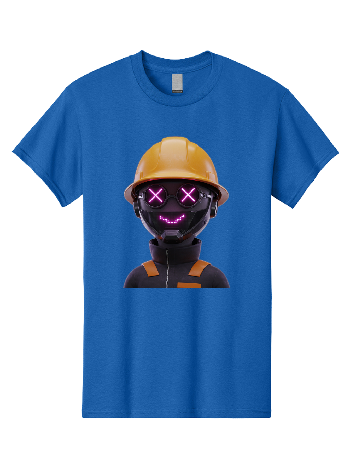 Robot-With-Construction-Hat Men'S Graphic Tee, 100% Cotton, Comfortable Casual Summer Wear, Machine Washable, Robot Character, Futuristic Design, Yellow Hard Hat, Neon Purple Eyes With X, Smiling Face, Black And Orange Jumpsuit, Bad498