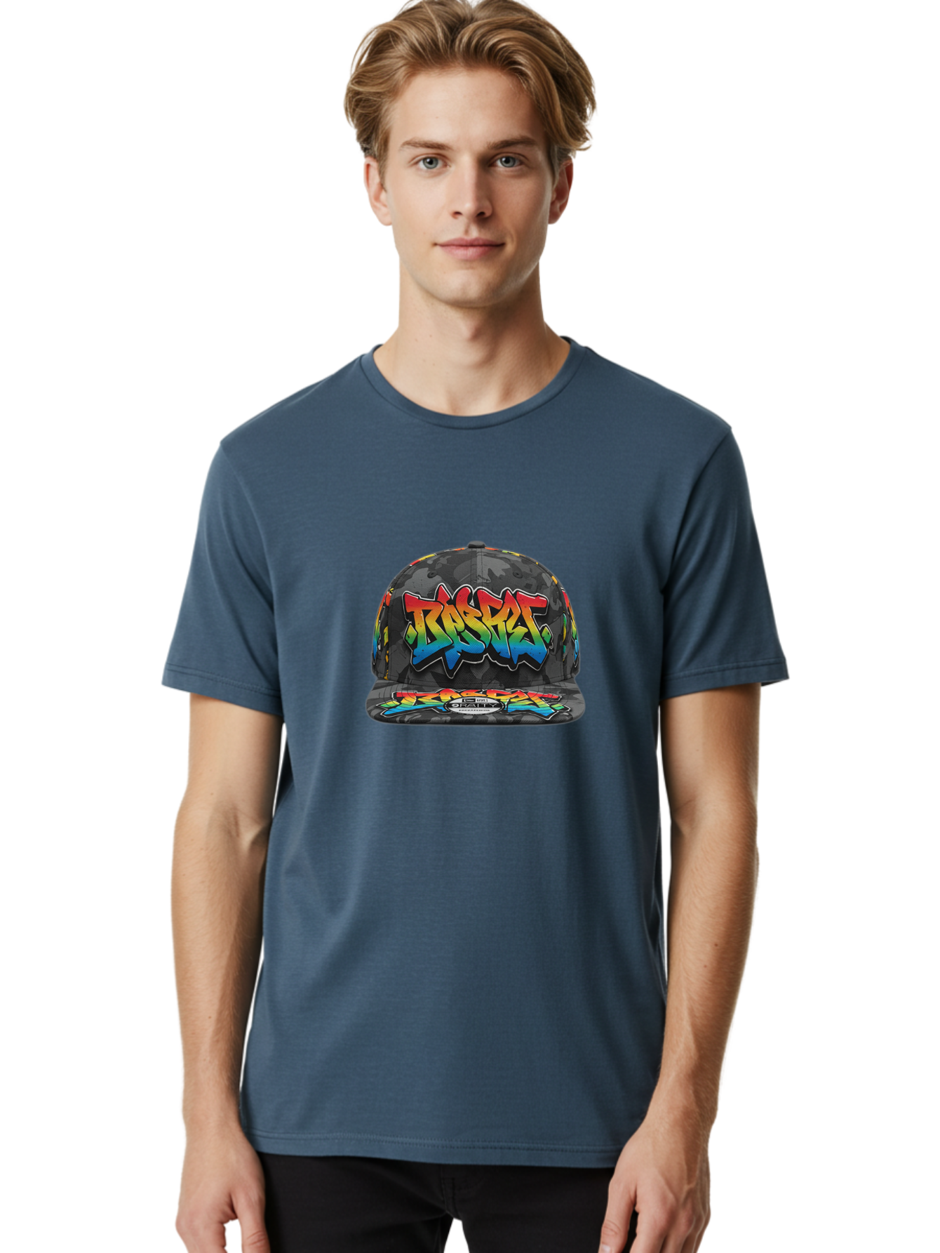 Rocket Men'S Graphic Tee, 100% Cotton, Comfortable Casual Summer Wear, Machine Washable, Rocket Baseball Cap, Camouflage Pattern, Graffiti Design, Vibrant Colors, Streetwear Fashion, Urban Style, Bold Graphics, Casual Clothing Bad499