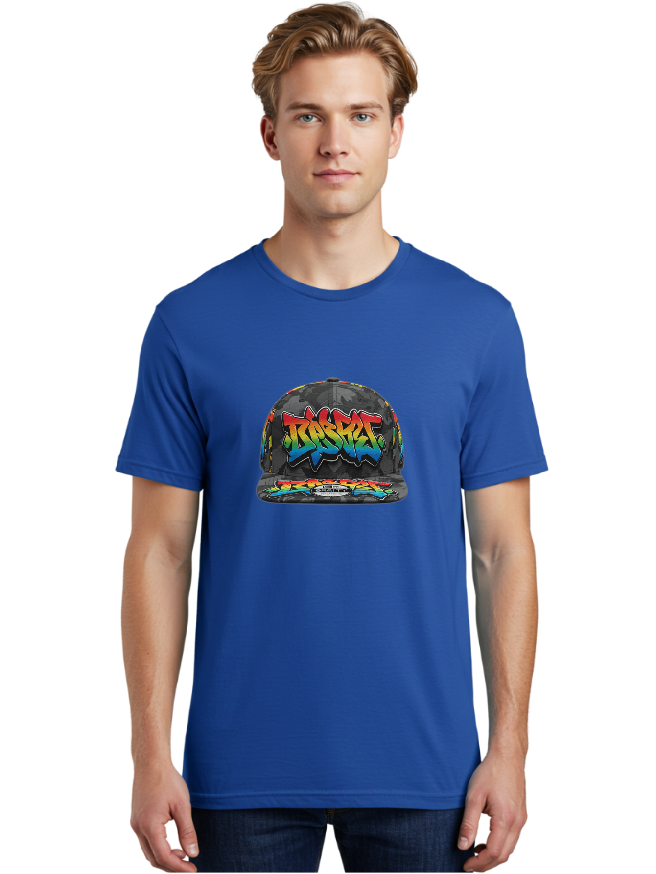 Rocket Men'S Graphic Tee, 100% Cotton, Comfortable Casual Summer Wear, Machine Washable, Rocket Baseball Cap, Camouflage Pattern, Graffiti Design, Vibrant Colors, Streetwear Fashion, Urban Style, Bold Graphics, Casual Clothing Bad499