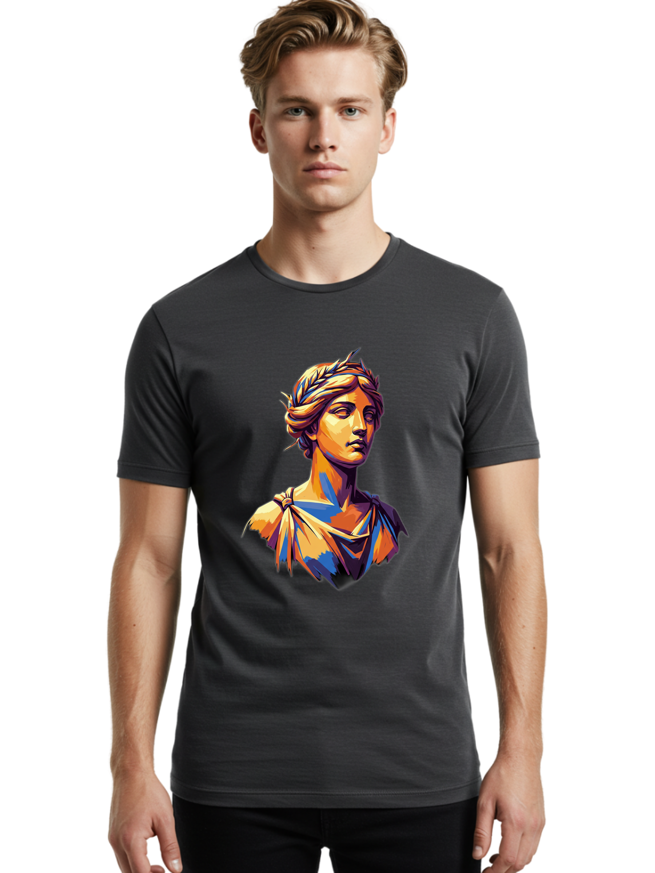 Roman-Bust Men'S Graphic Tee, 100% Cotton, Comfortable Casual Summer Wear, Machine Washable, Classical Statue, Ancient Greek, Laurel Wreath, Marble Bust, Historical Figure, Mythological Character, Artistic Sculpture, Cultural Heritage, Bad500