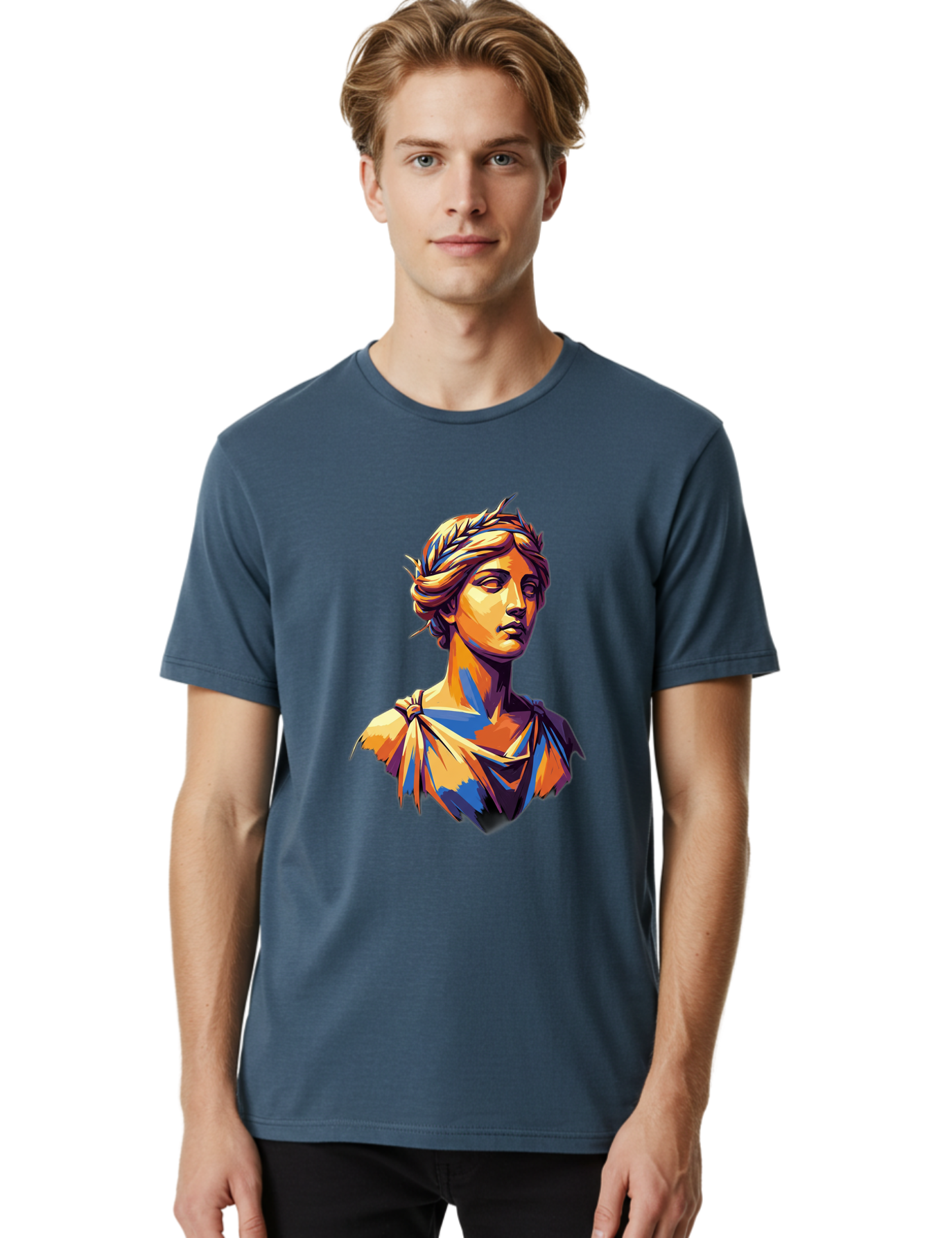 Roman-Bust Men'S Graphic Tee, 100% Cotton, Comfortable Casual Summer Wear, Machine Washable, Classical Statue, Ancient Greek, Laurel Wreath, Marble Bust, Historical Figure, Mythological Character, Artistic Sculpture, Cultural Heritage, Bad500