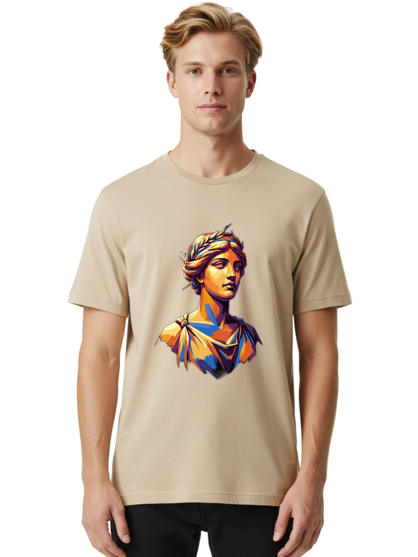 Roman-Bust Men'S Graphic Tee, 100% Cotton, Comfortable Casual Summer Wear, Machine Washable, Classical Statue, Ancient Greek, Laurel Wreath, Marble Bust, Historical Figure, Mythological Character, Artistic Sculpture, Cultural Heritage, Bad500