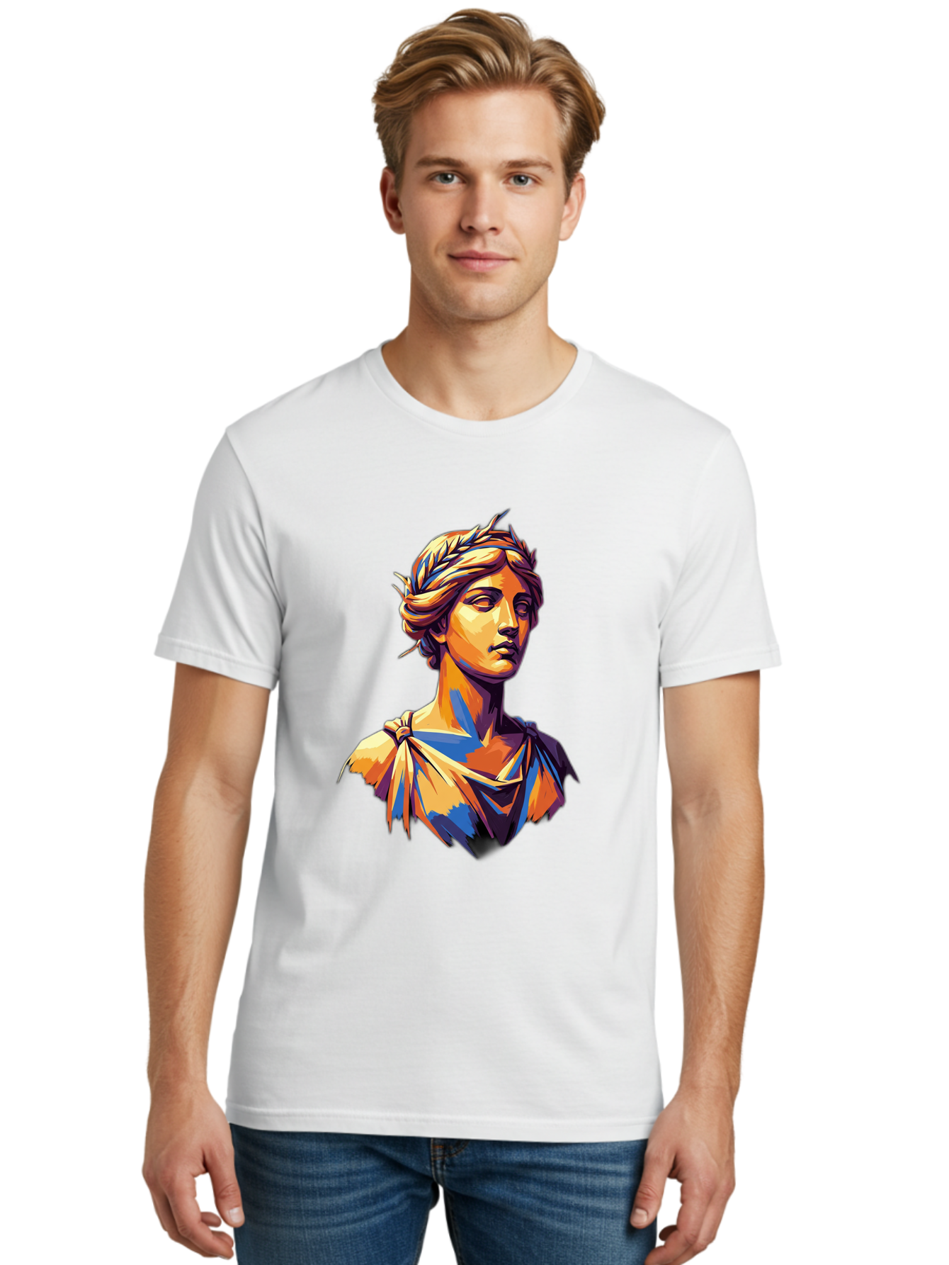 Roman-Bust Men'S Graphic Tee, 100% Cotton, Comfortable Casual Summer Wear, Machine Washable, Classical Statue, Ancient Greek, Laurel Wreath, Marble Bust, Historical Figure, Mythological Character, Artistic Sculpture, Cultural Heritage, Bad500