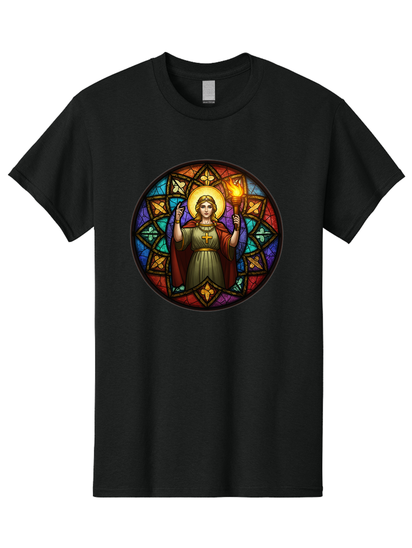 Saint-With-Torch-Stained-Glass Men'S Graphic Tee, 100% Cotton, Comfortable Casual Summer Wear, Machine Washable, Stained Glass Window, Saint With Torch, Cross Pendant, Floral Patterns, Vibrant Colors, Religious Art, Sacred Imagery, Bad505