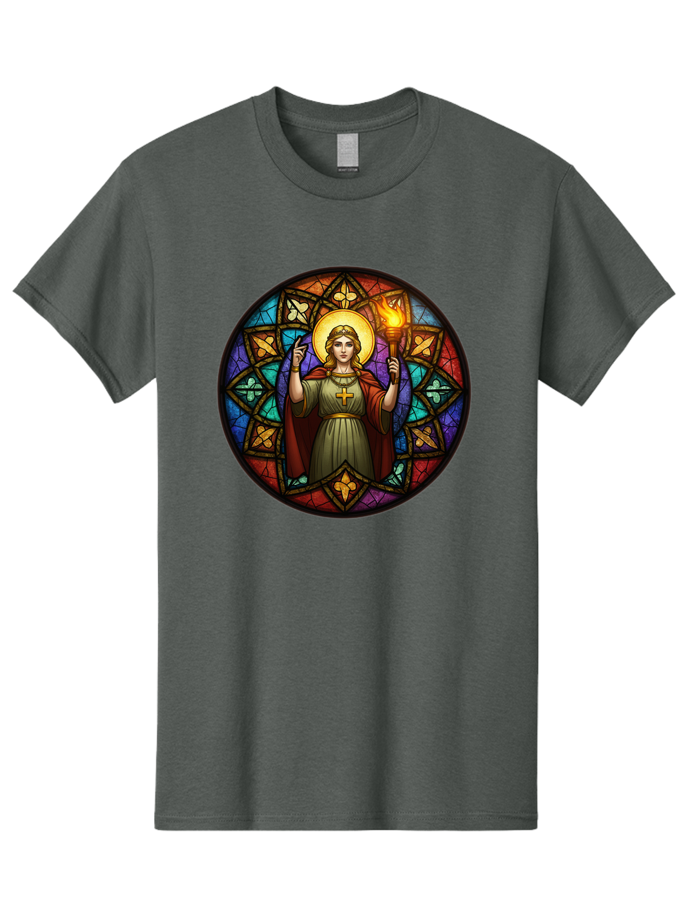 Saint-With-Torch-Stained-Glass Men'S Graphic Tee, 100% Cotton, Comfortable Casual Summer Wear, Machine Washable, Stained Glass Window, Saint With Torch, Cross Pendant, Floral Patterns, Vibrant Colors, Religious Art, Sacred Imagery, Bad505
