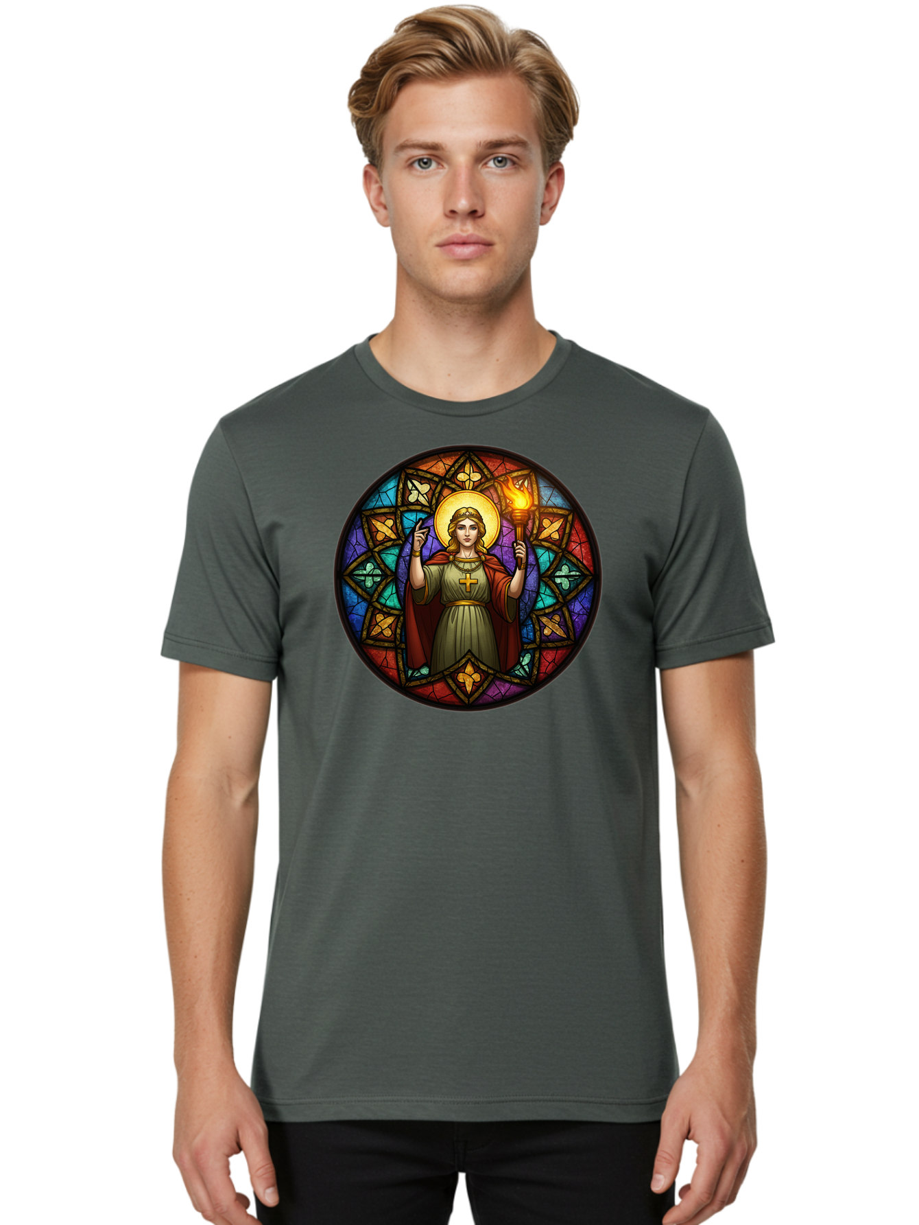 Saint-With-Torch-Stained-Glass Men'S Graphic Tee, 100% Cotton, Comfortable Casual Summer Wear, Machine Washable, Stained Glass Window, Saint With Torch, Cross Pendant, Floral Patterns, Vibrant Colors, Religious Art, Sacred Imagery, Bad505