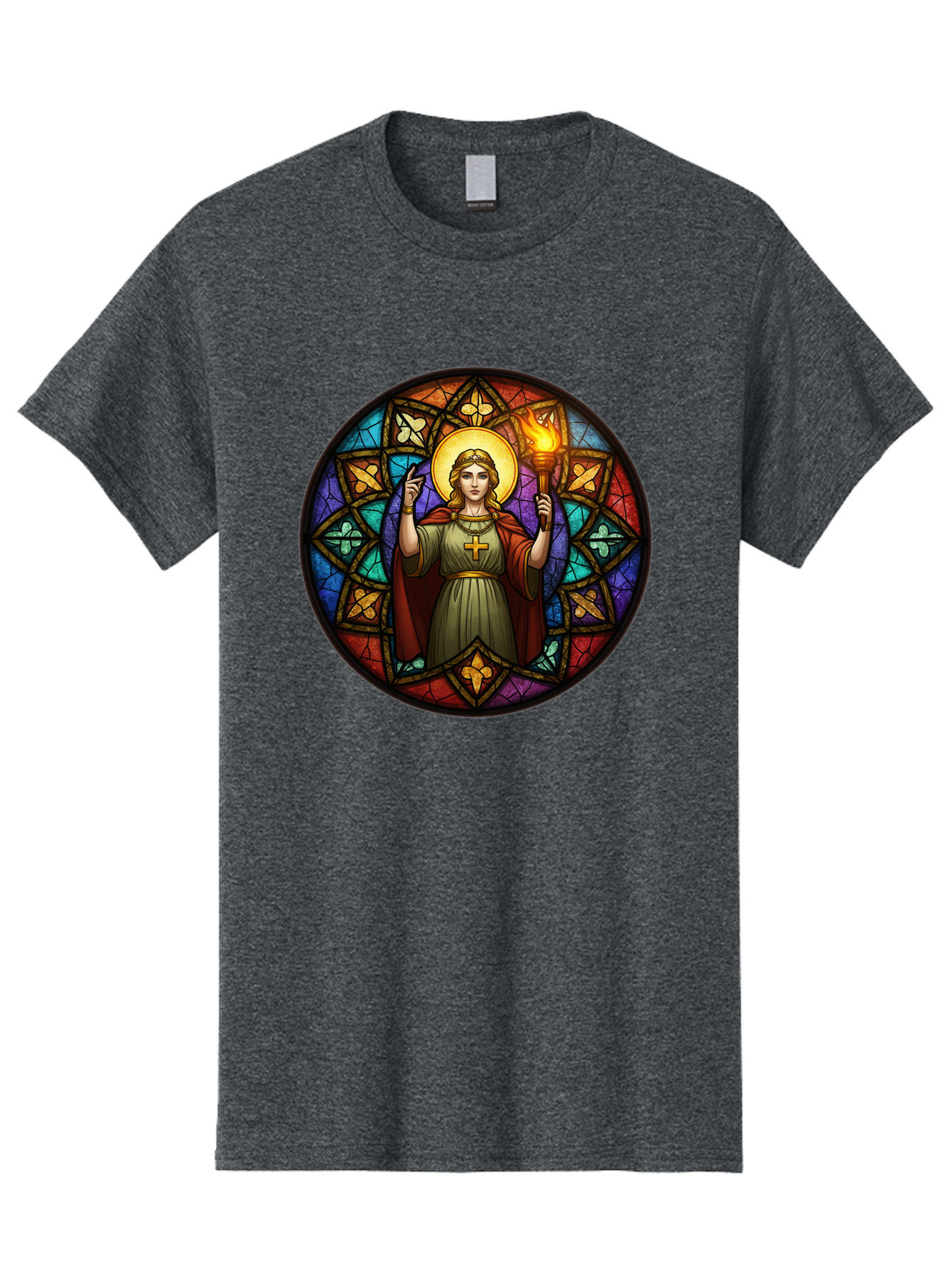 Saint-With-Torch-Stained-Glass Men'S Graphic Tee, 100% Cotton, Comfortable Casual Summer Wear, Machine Washable, Stained Glass Window, Saint With Torch, Cross Pendant, Floral Patterns, Vibrant Colors, Religious Art, Sacred Imagery, Bad505