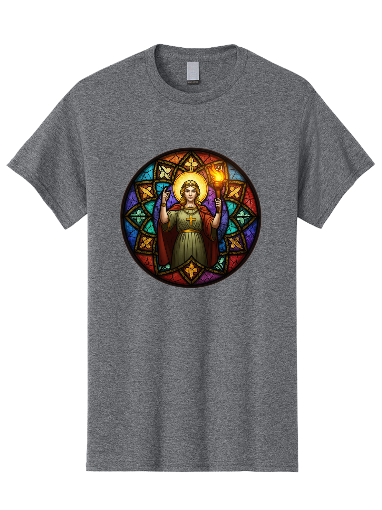 Saint-With-Torch-Stained-Glass Men'S Graphic Tee, 100% Cotton, Comfortable Casual Summer Wear, Machine Washable, Stained Glass Window, Saint With Torch, Cross Pendant, Floral Patterns, Vibrant Colors, Religious Art, Sacred Imagery, Bad505