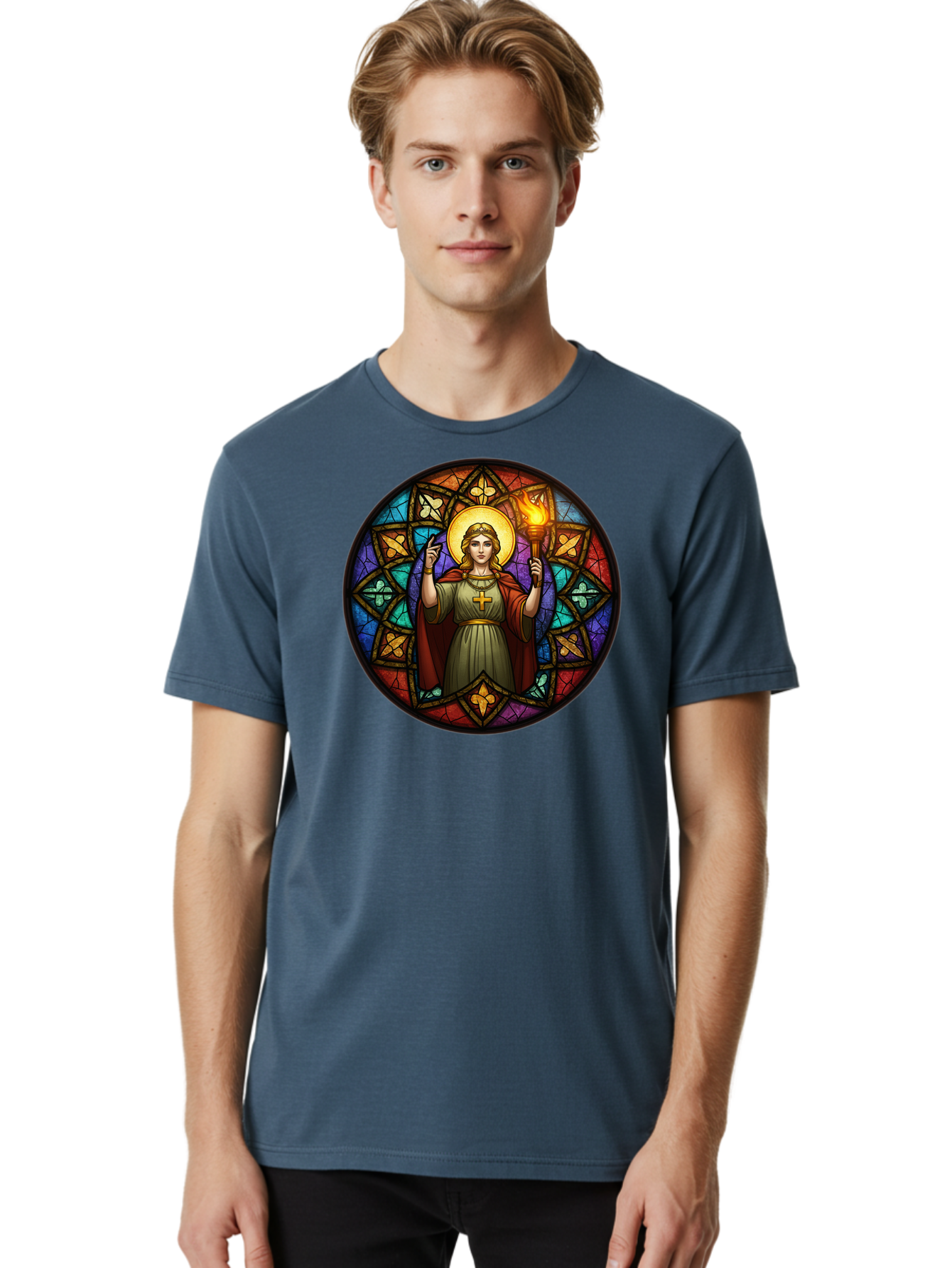 Saint-With-Torch-Stained-Glass Men'S Graphic Tee, 100% Cotton, Comfortable Casual Summer Wear, Machine Washable, Stained Glass Window, Saint With Torch, Cross Pendant, Floral Patterns, Vibrant Colors, Religious Art, Sacred Imagery, Bad505