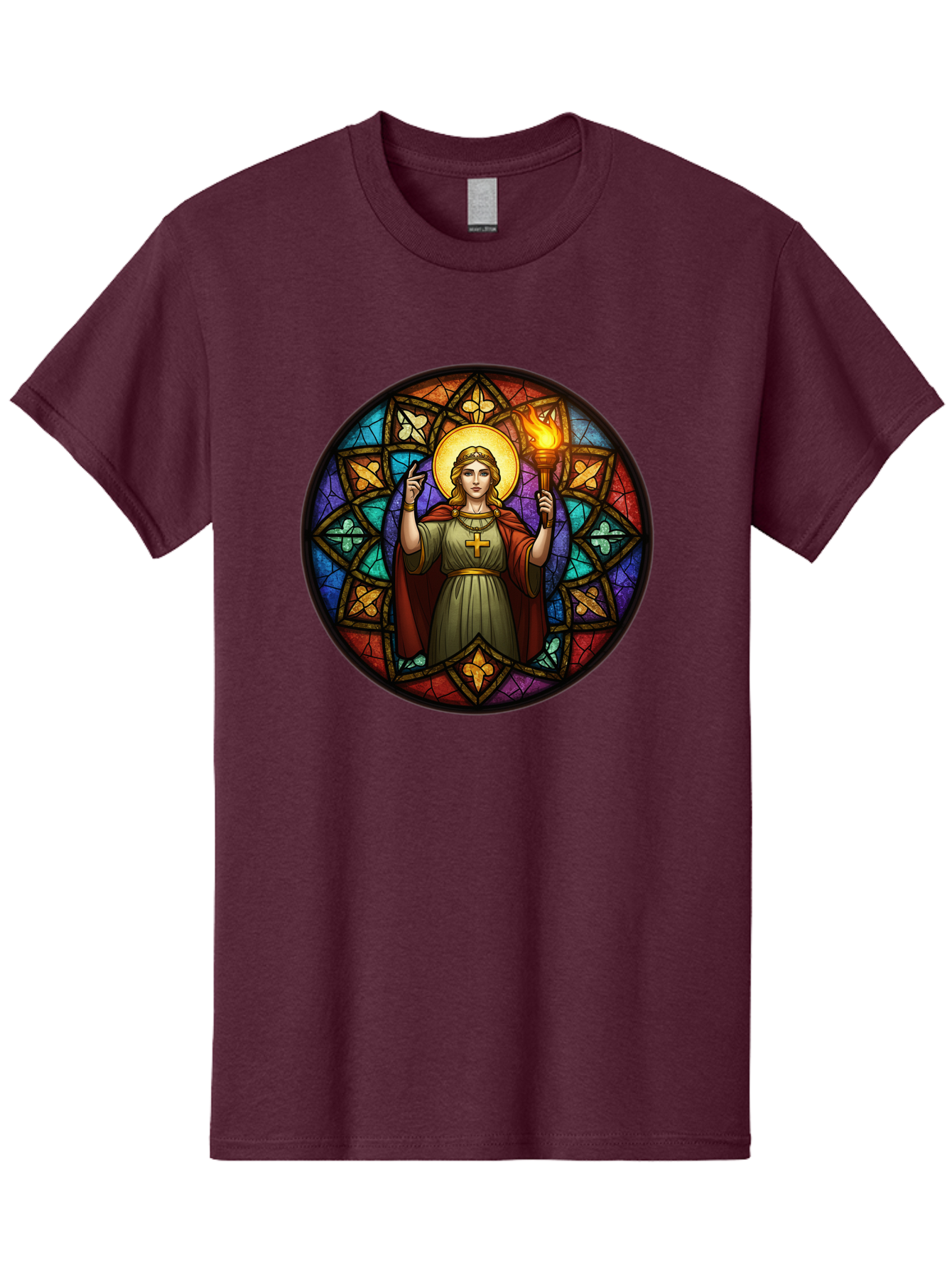 Saint-With-Torch-Stained-Glass Men'S Graphic Tee, 100% Cotton, Comfortable Casual Summer Wear, Machine Washable, Stained Glass Window, Saint With Torch, Cross Pendant, Floral Patterns, Vibrant Colors, Religious Art, Sacred Imagery, Bad505