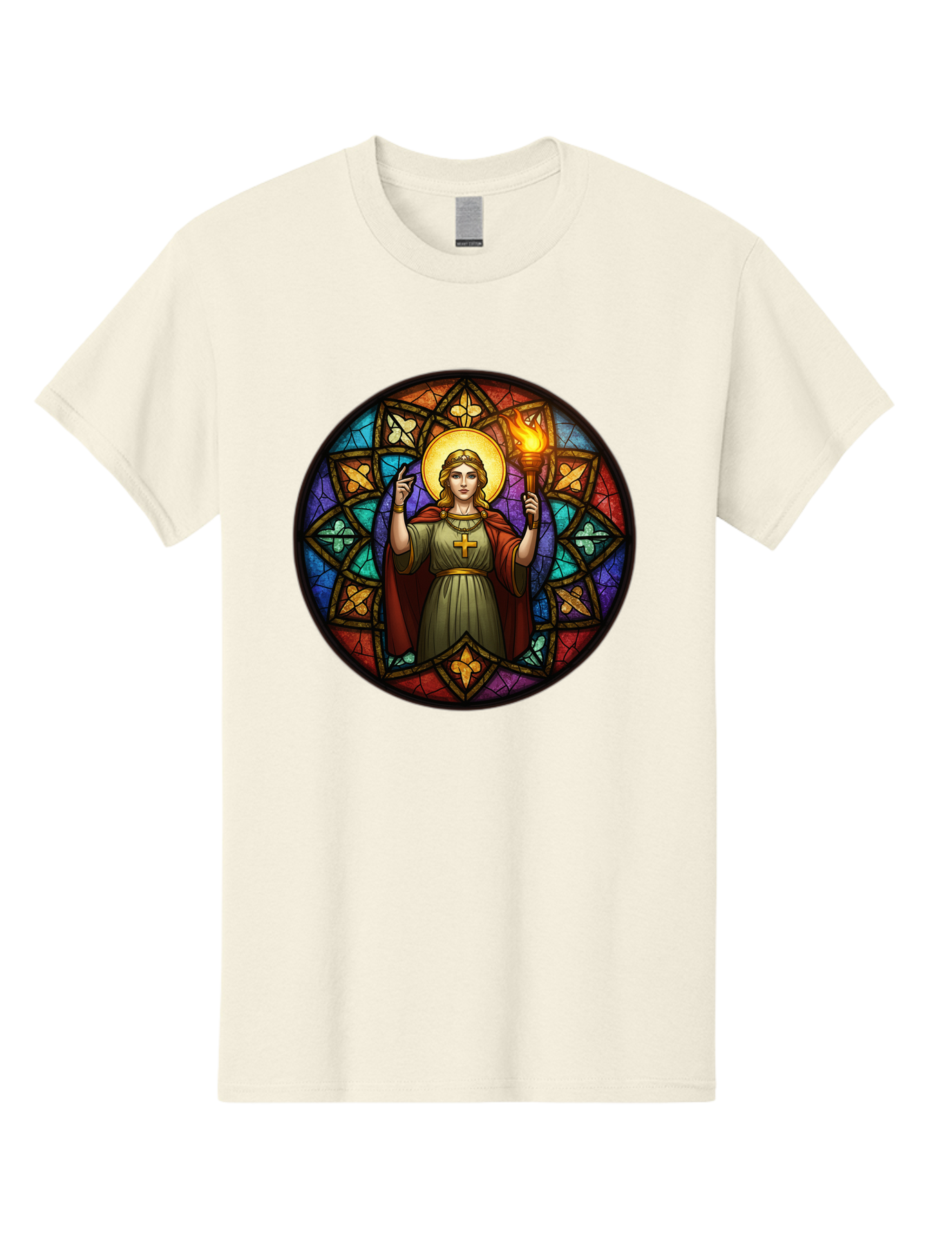 Saint-With-Torch-Stained-Glass Men'S Graphic Tee, 100% Cotton, Comfortable Casual Summer Wear, Machine Washable, Stained Glass Window, Saint With Torch, Cross Pendant, Floral Patterns, Vibrant Colors, Religious Art, Sacred Imagery, Bad505