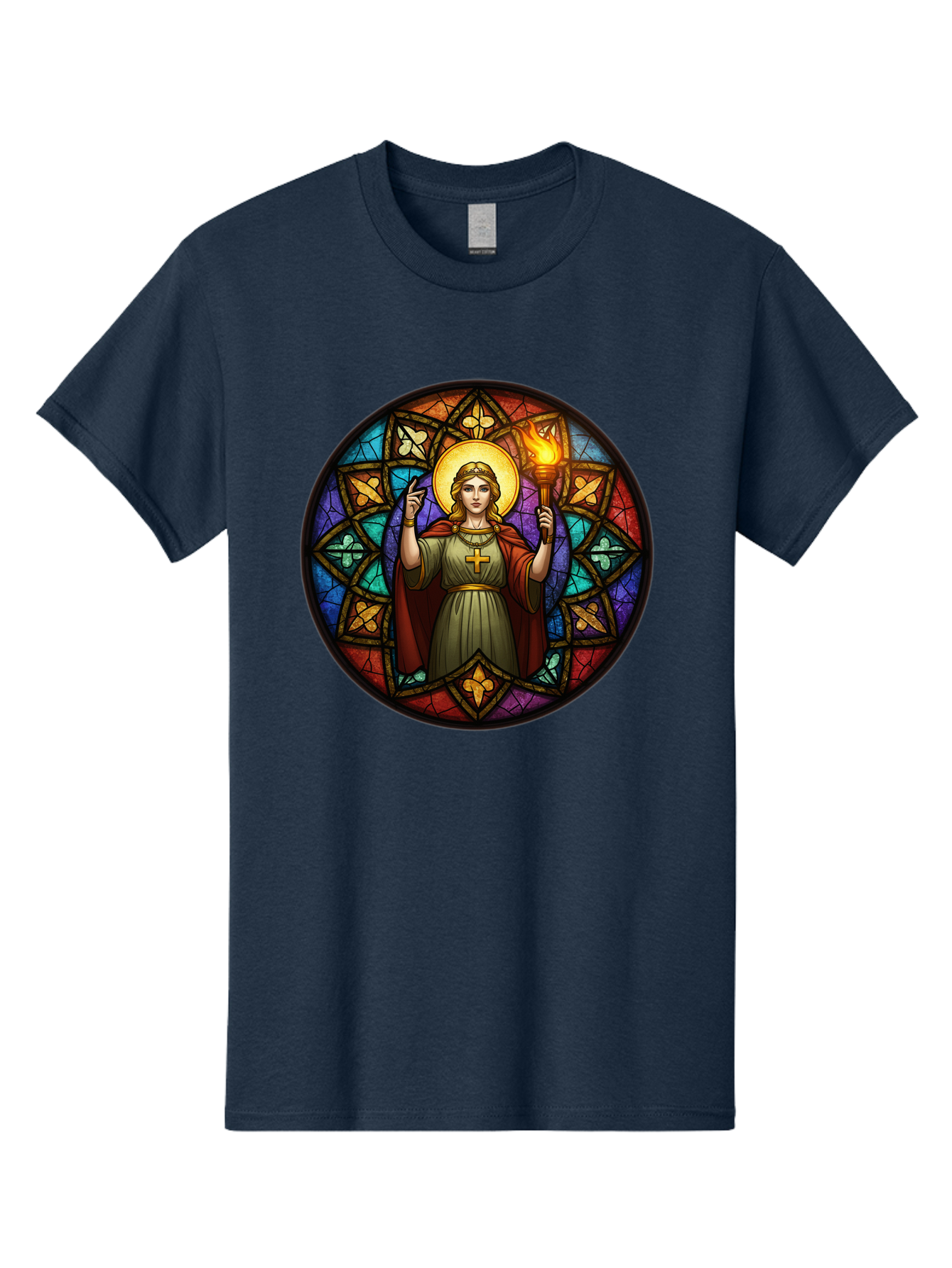 Saint-With-Torch-Stained-Glass Men'S Graphic Tee, 100% Cotton, Comfortable Casual Summer Wear, Machine Washable, Stained Glass Window, Saint With Torch, Cross Pendant, Floral Patterns, Vibrant Colors, Religious Art, Sacred Imagery, Bad505