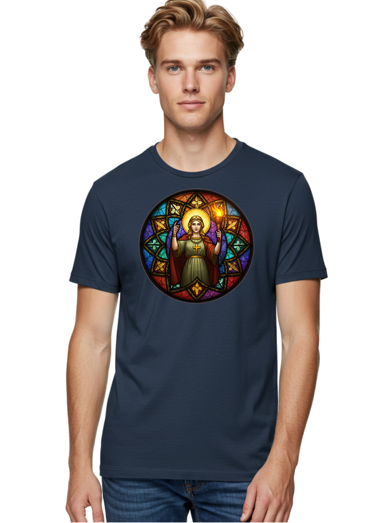 Saint-With-Torch-Stained-Glass Men'S Graphic Tee, 100% Cotton, Comfortable Casual Summer Wear, Machine Washable, Stained Glass Window, Saint With Torch, Cross Pendant, Floral Patterns, Vibrant Colors, Religious Art, Sacred Imagery, Bad505