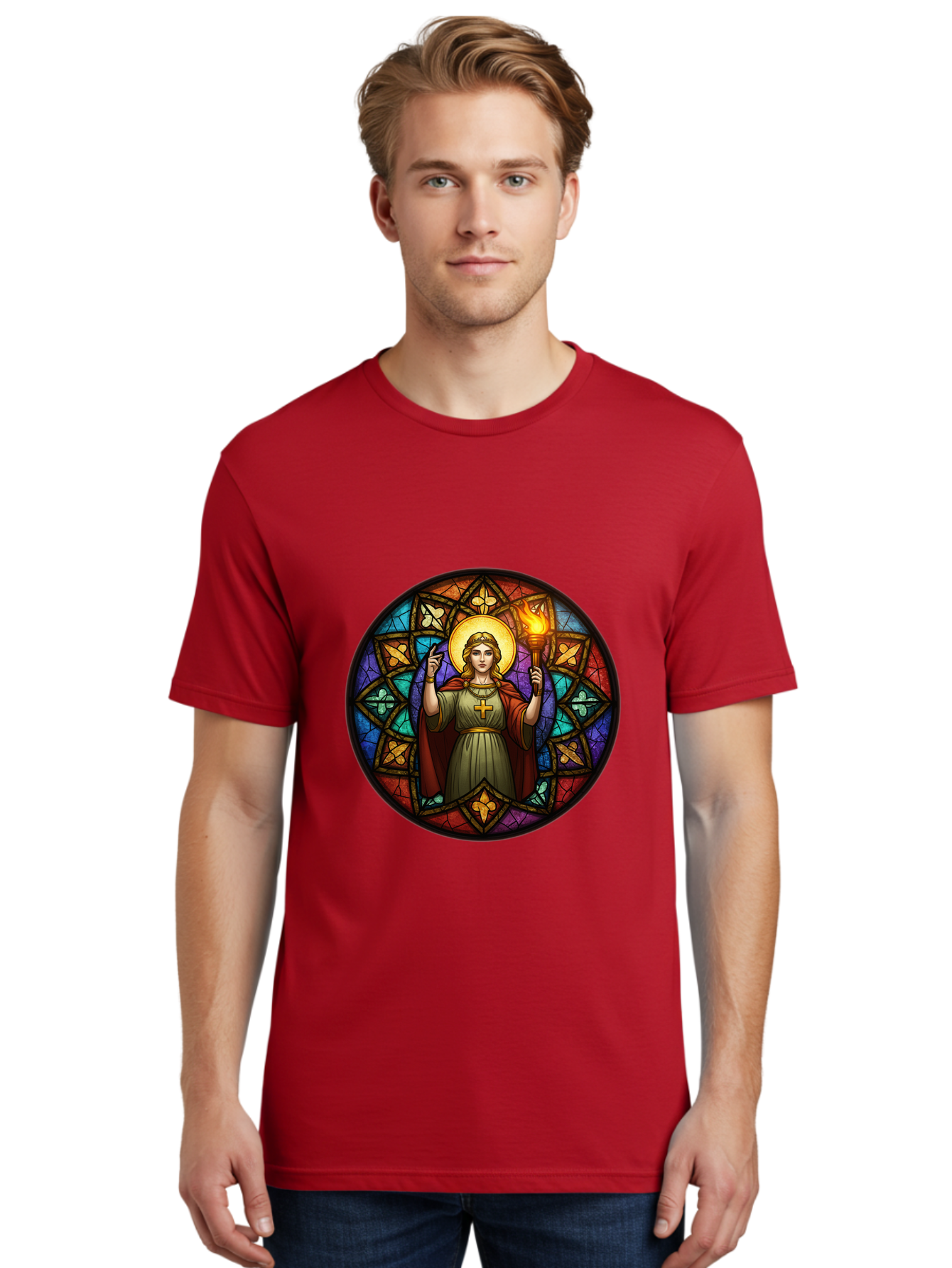 Saint-With-Torch-Stained-Glass Men'S Graphic Tee, 100% Cotton, Comfortable Casual Summer Wear, Machine Washable, Stained Glass Window, Saint With Torch, Cross Pendant, Floral Patterns, Vibrant Colors, Religious Art, Sacred Imagery, Bad505