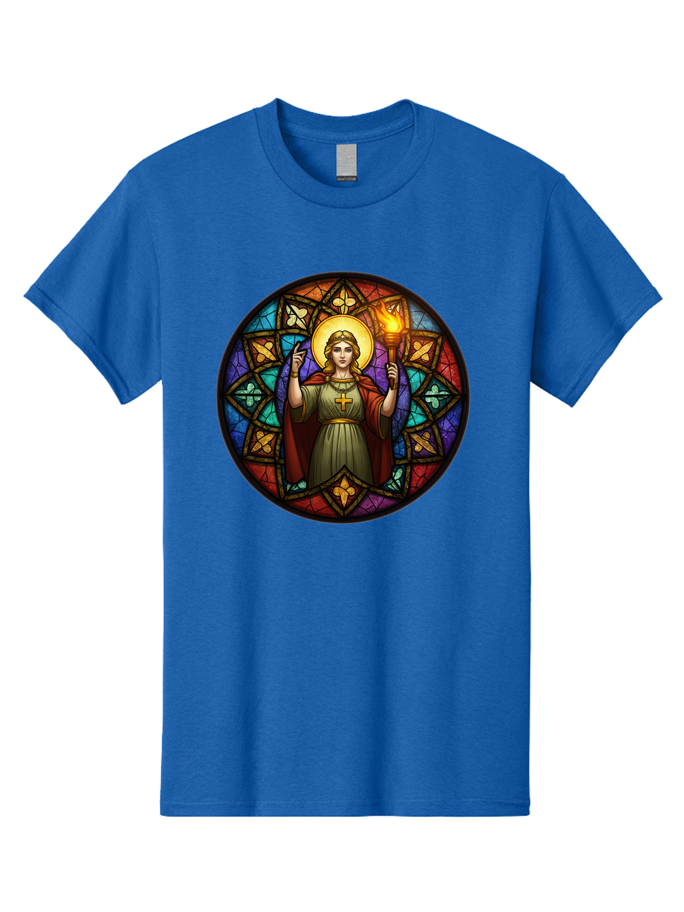 Saint-With-Torch-Stained-Glass Men'S Graphic Tee, 100% Cotton, Comfortable Casual Summer Wear, Machine Washable, Stained Glass Window, Saint With Torch, Cross Pendant, Floral Patterns, Vibrant Colors, Religious Art, Sacred Imagery, Bad505