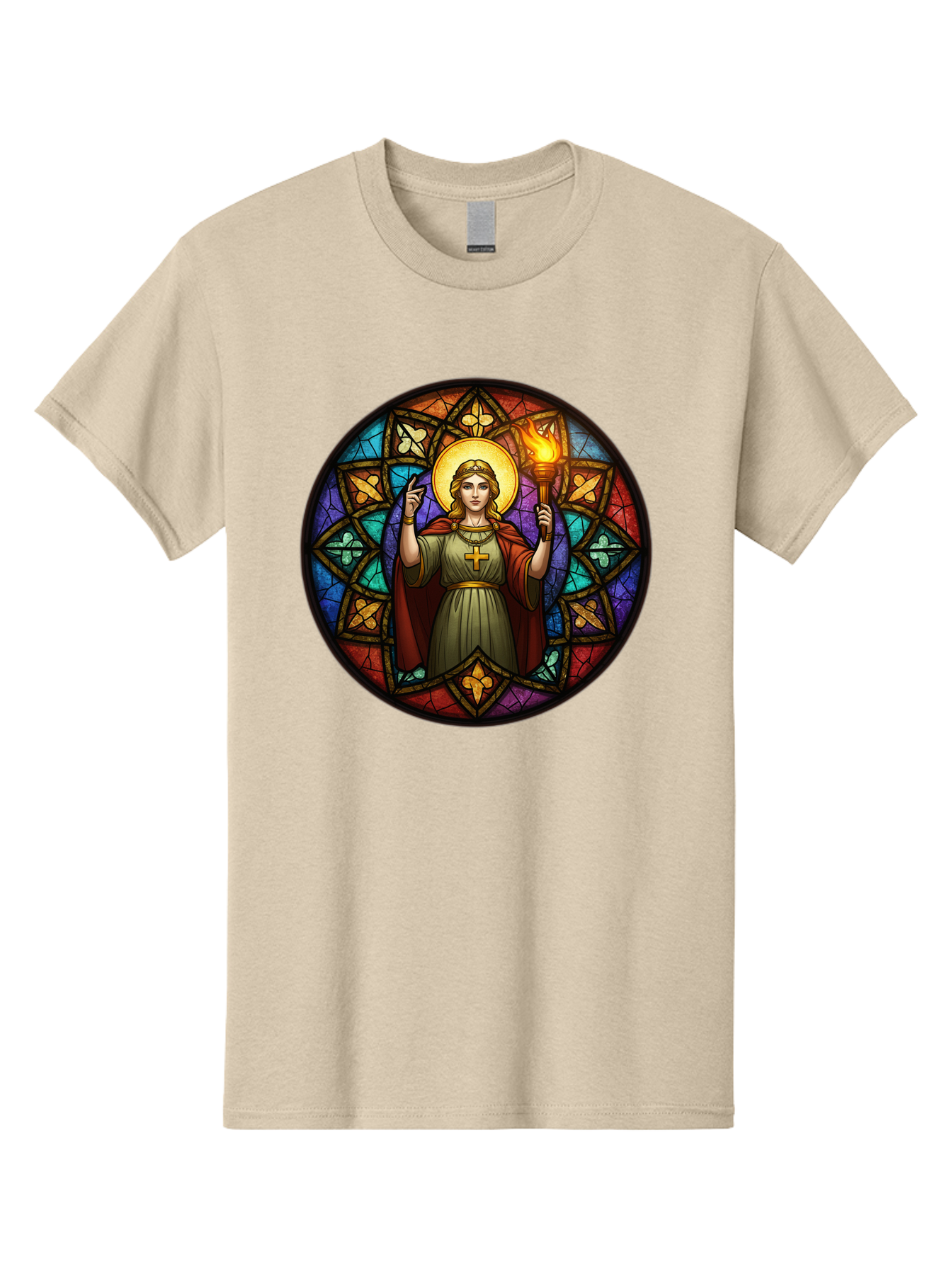Saint-With-Torch-Stained-Glass Men'S Graphic Tee, 100% Cotton, Comfortable Casual Summer Wear, Machine Washable, Stained Glass Window, Saint With Torch, Cross Pendant, Floral Patterns, Vibrant Colors, Religious Art, Sacred Imagery, Bad505