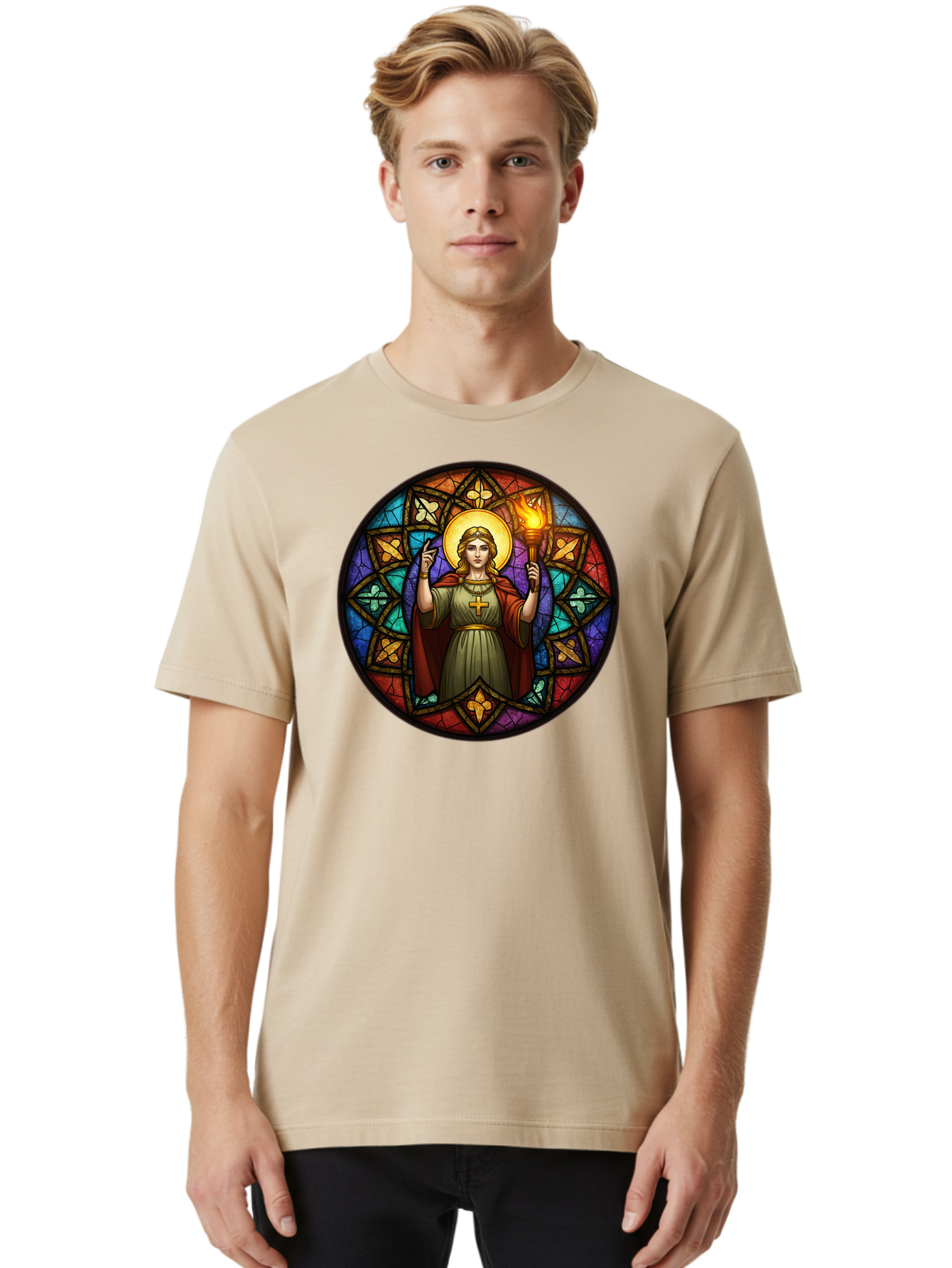 Saint-With-Torch-Stained-Glass Men'S Graphic Tee, 100% Cotton, Comfortable Casual Summer Wear, Machine Washable, Stained Glass Window, Saint With Torch, Cross Pendant, Floral Patterns, Vibrant Colors, Religious Art, Sacred Imagery, Bad505